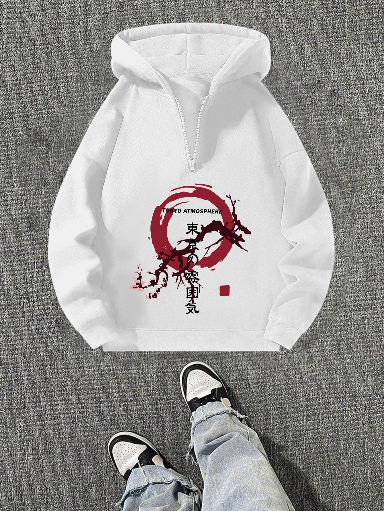 Tailorly Men's Printed Hoodie - Red Circle With Branches And Windswept Ink Painting Dragon
