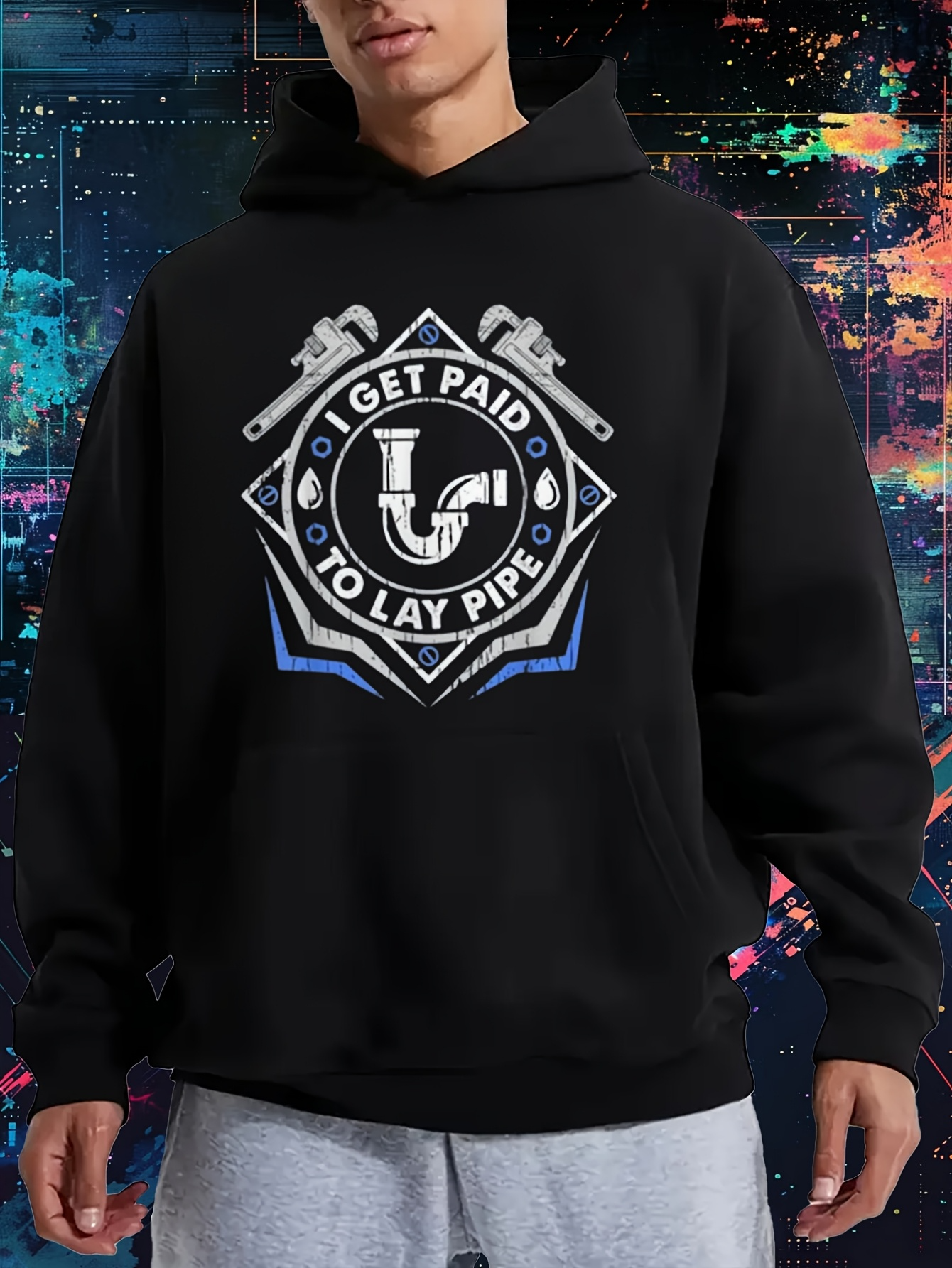 Tailorly Men's Printed Hoodie - I Get Paid To Lay Pipe Cartoon Pipes With Metallic Wrenches And Blue Accents Plumber