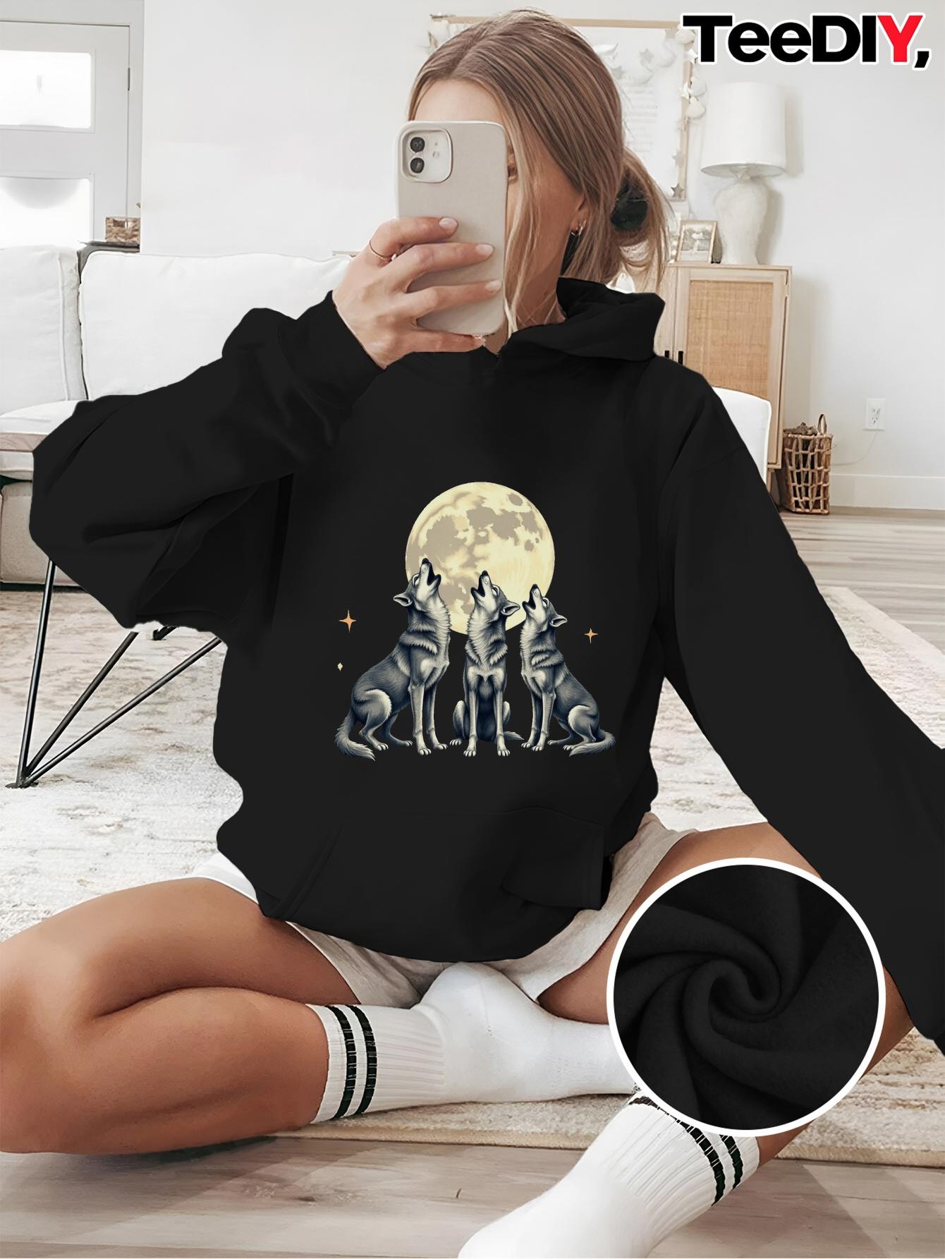 Tailorly Women's Printed Hoodie - Mystical Night With Glowing Full Moon And Howling Wolves Under Starlit Sky