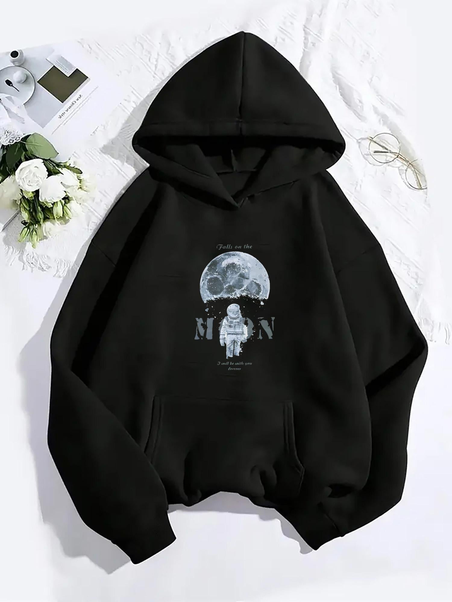 Tailorly Women's Printed Hoodie - Moonlight Astronaut Under Silvery Blue Full Moon Night Sky