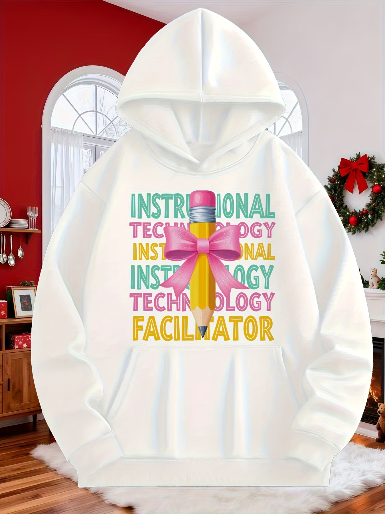 Tailorly Men's Printed Hoodie - Colorful Learning Words With Pink Ribbon Tied Yellow Pencil