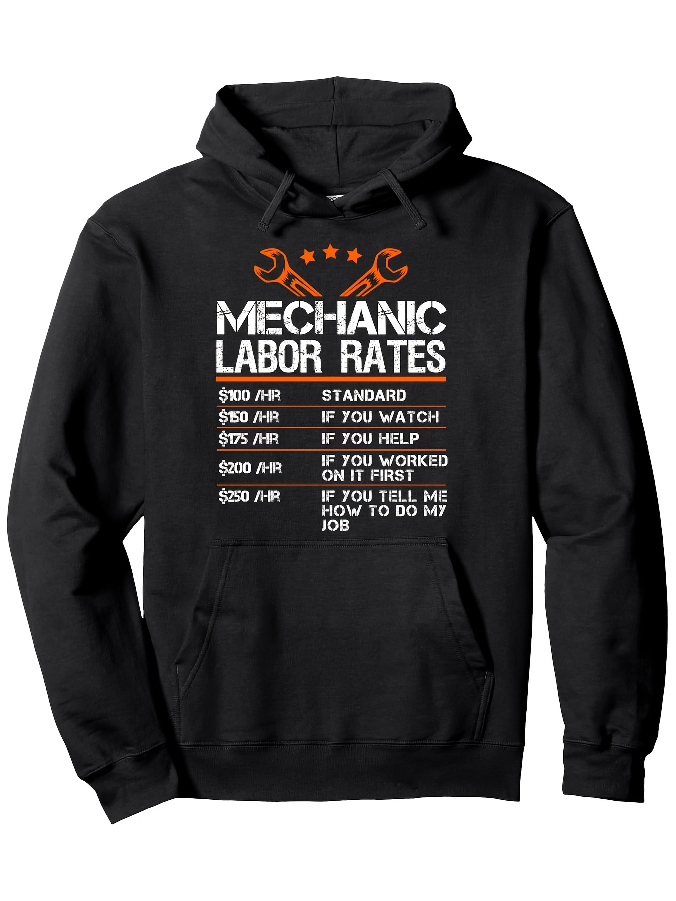 Tailorly Men's Printed Hoodie - Mechanic Labor Rates Humorous Chart And Wrenches Under Orange Stars Hoodie