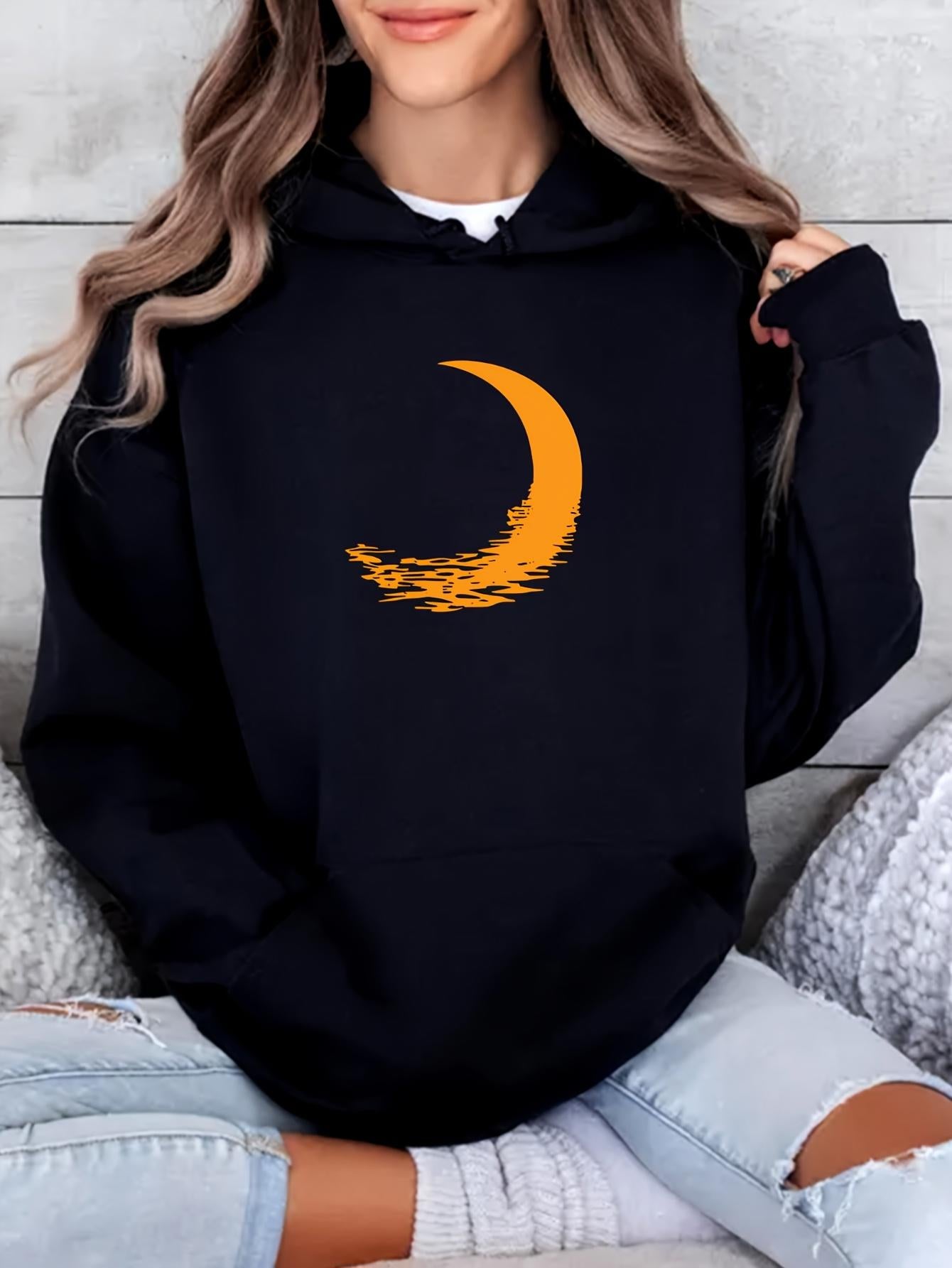 Tailorly Women's Printed Hoodie - Golden Brushstroke Crescent Moon On Night Sky Hoodie