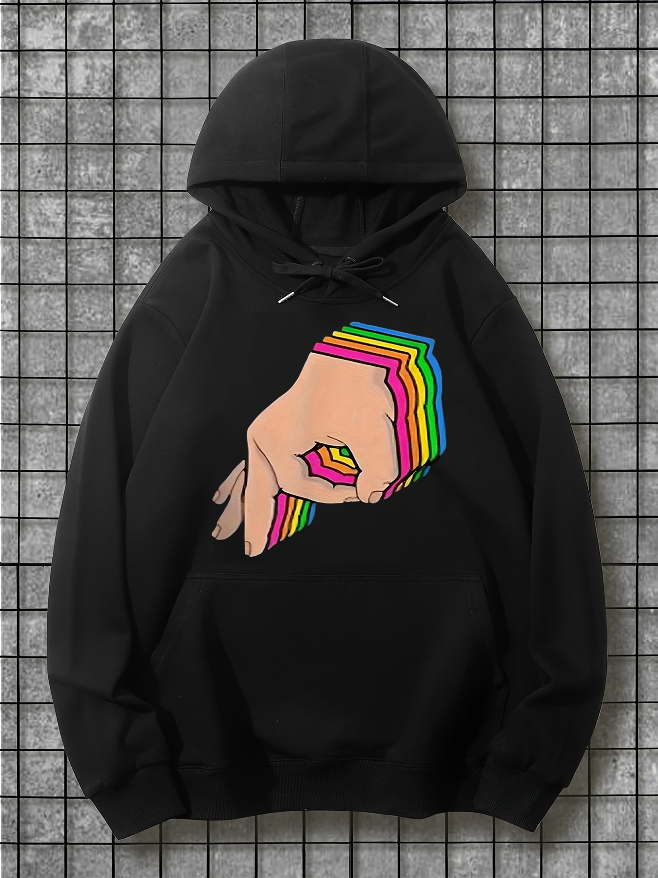 Tailorly Men's Printed Hoodie - Rainbow Stripes Emerging Around A Playful Hand Gesture