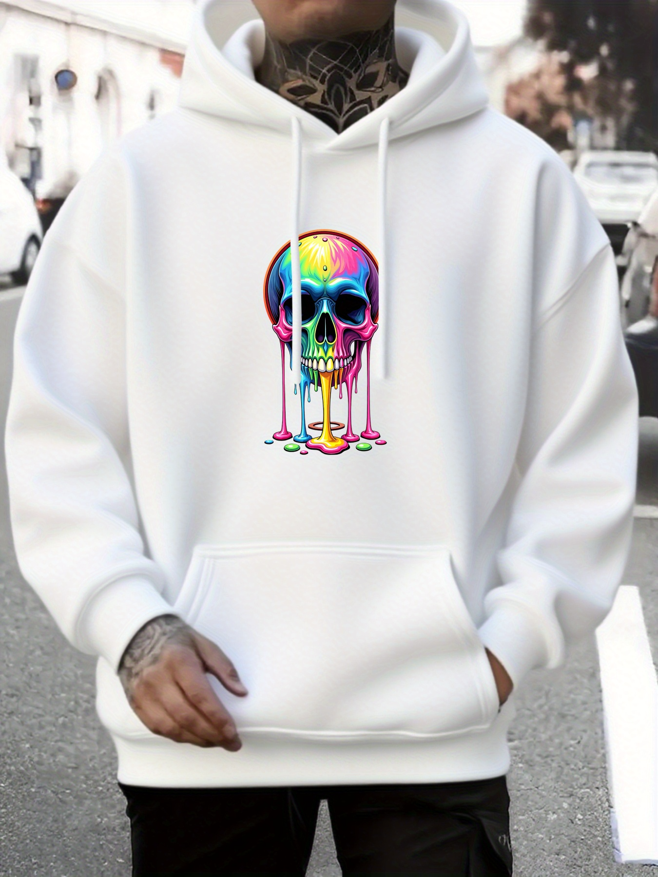 Tailorly Men's Printed Hoodie - Vibrant Neon Paint Dripping On Melting Rainbow Skull