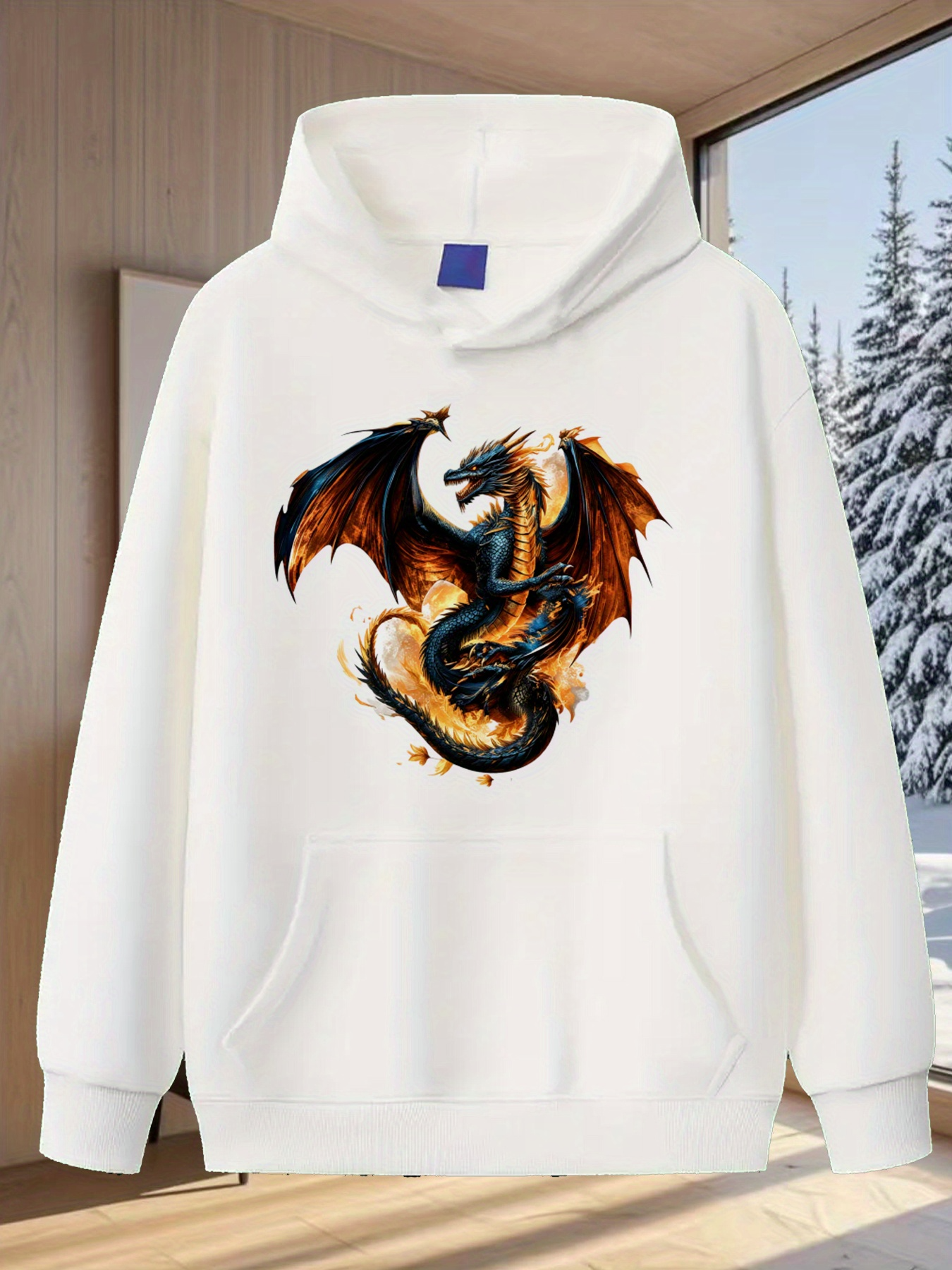 Tailorly Men's Printed Hoodie - Fiery Embers Surrounded By Billowing Smoke And Majestic Dragon Wings Dragon