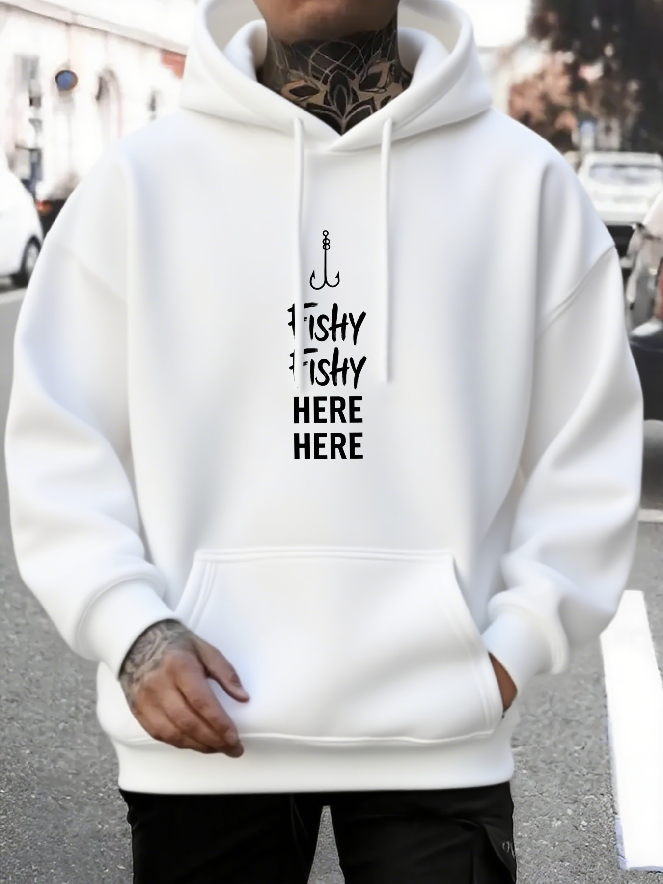 Tailorly Men's Printed Hoodie - Fishy Fishy Here Here With Bold Hook Graphic Hoodie