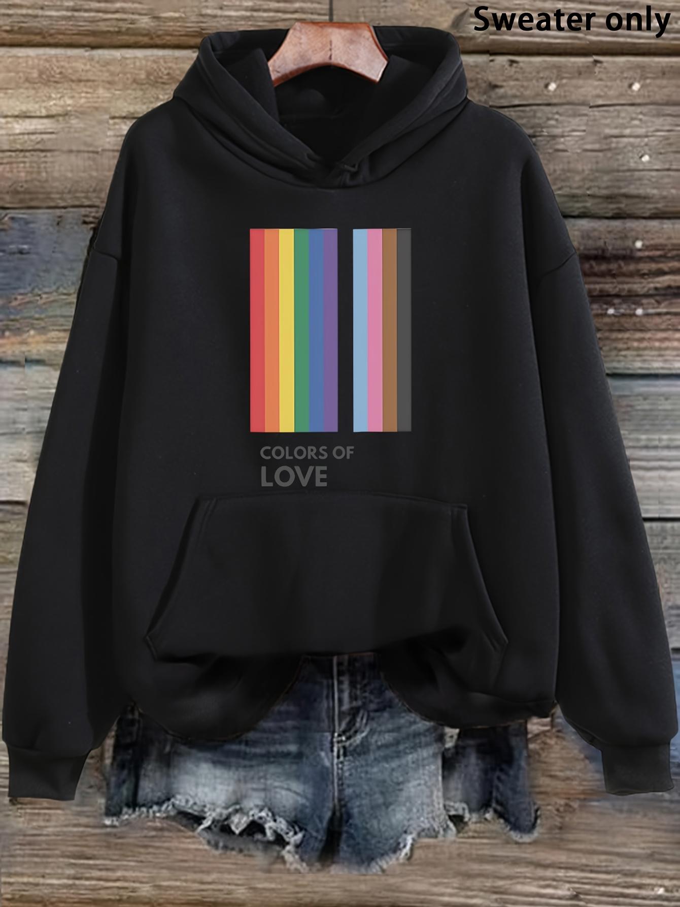 Tailorly Women's Printed Hoodie - Colors Of Love Vertical Rainbow Stripes On Black Hoodie
