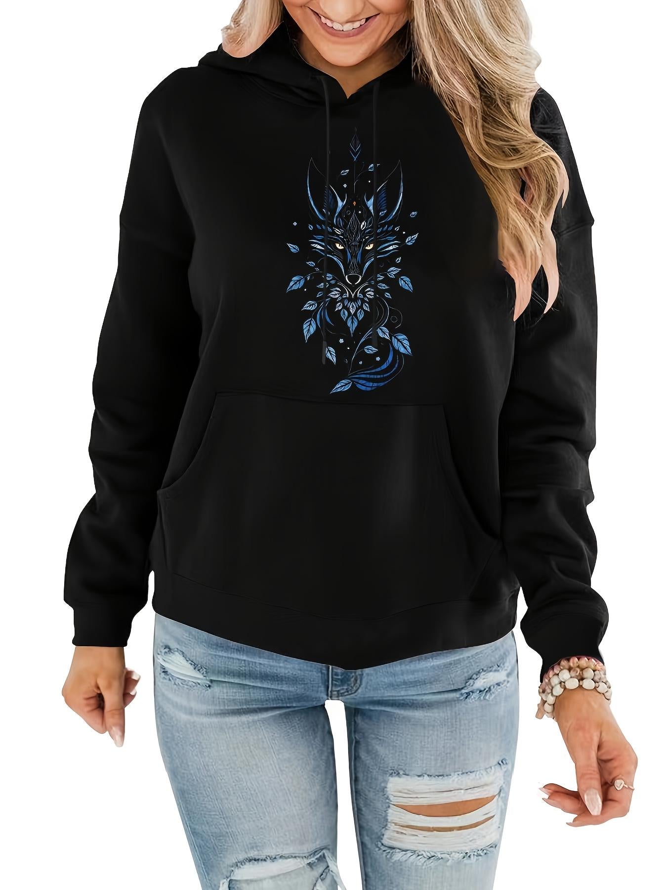 Tailorly Women's Printed Hoodie - Mystical Forest Inspired Blue Pattern With Elegant Floral Details Deer