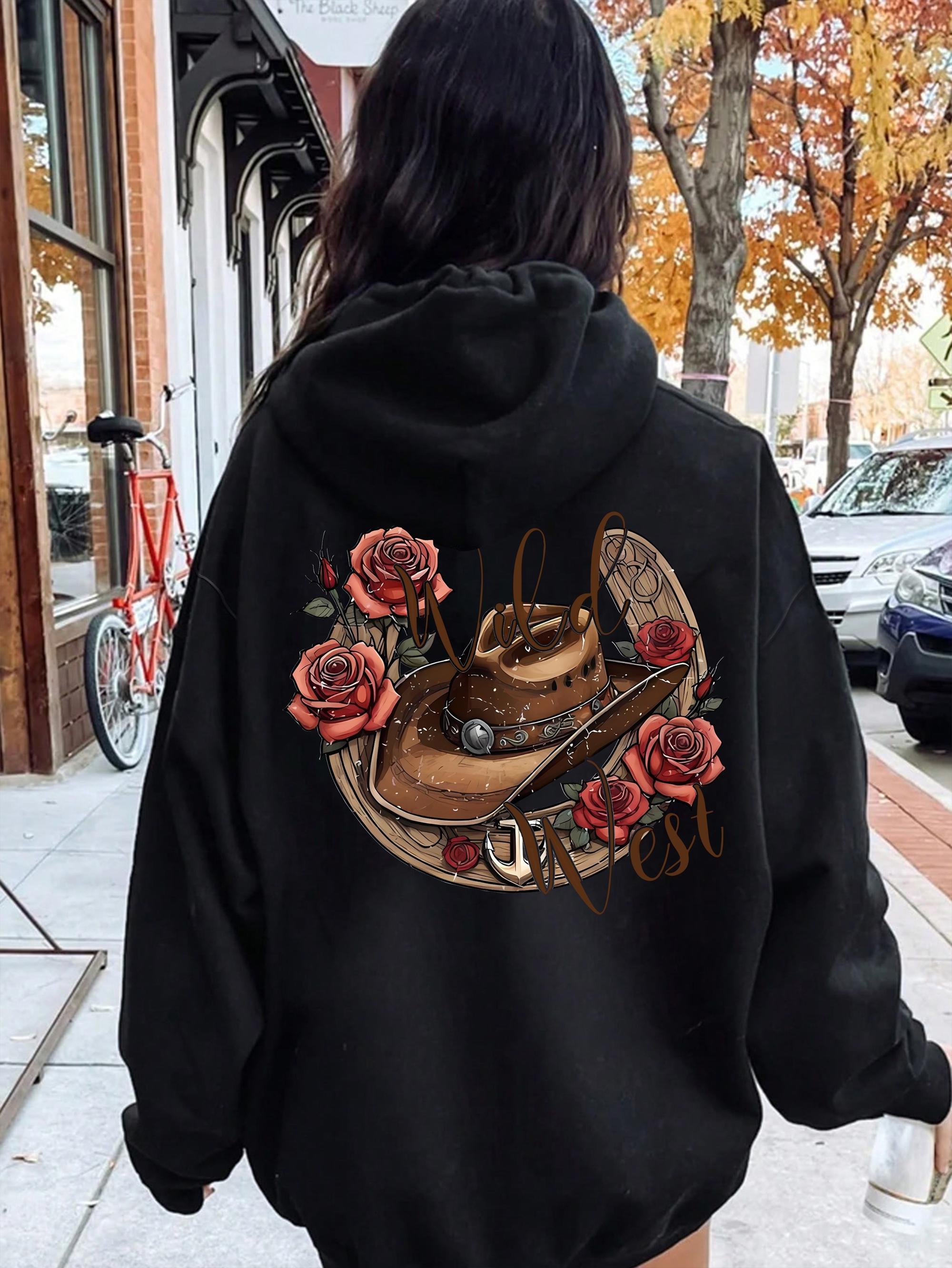 Tailorly Women's Printed Hoodie - Vintage Roses Blooming Among Western Cowboy Hat