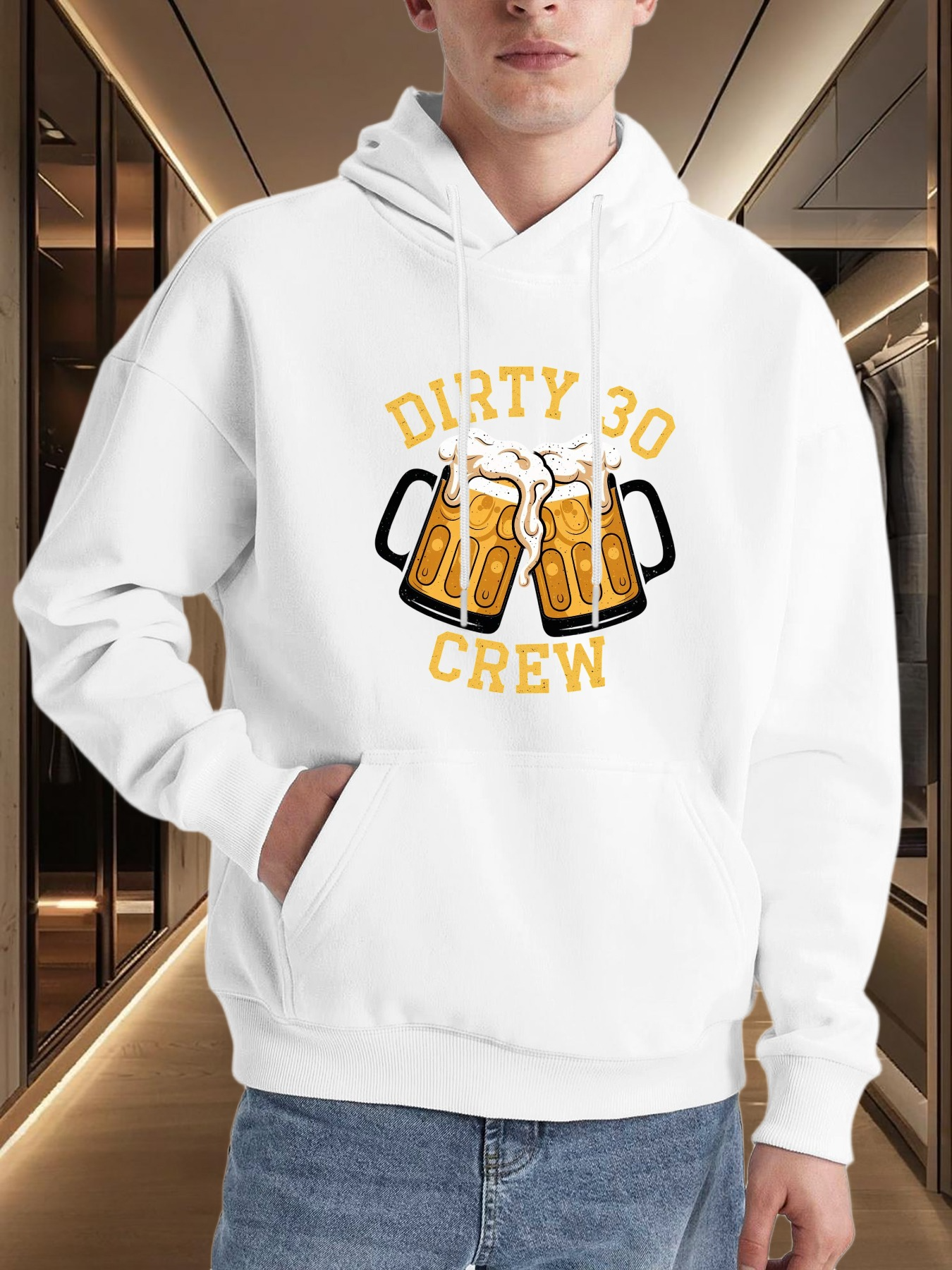 Tailorly Men's Printed Hoodie - Dirty 30 Crew Celebratory Toast With Foaming Beer Glasses