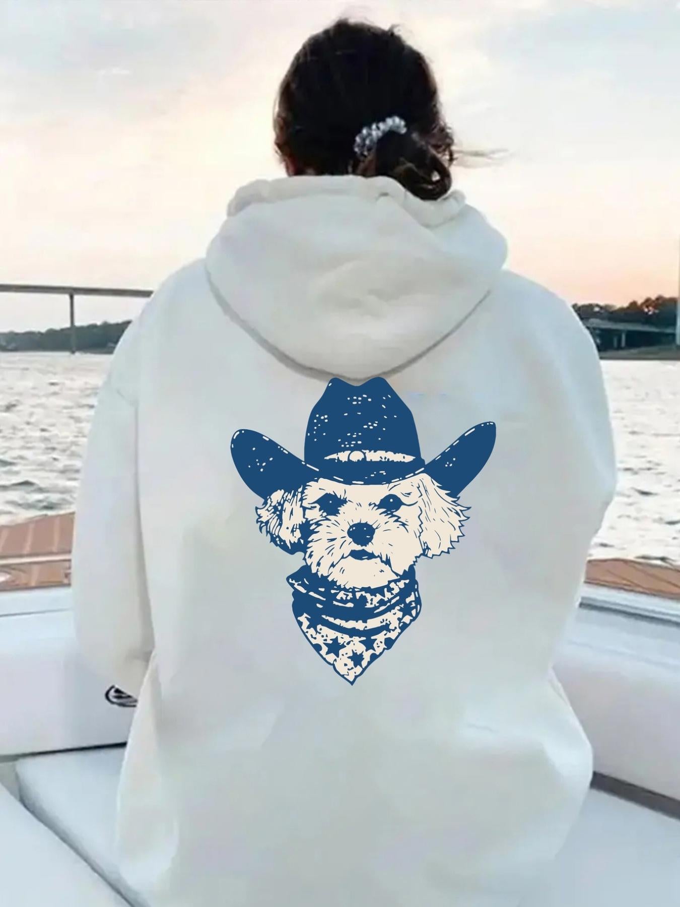 Tailorly Women's Printed Hoodie - Boating At Sunset With Blue Cowboy Hat Dog