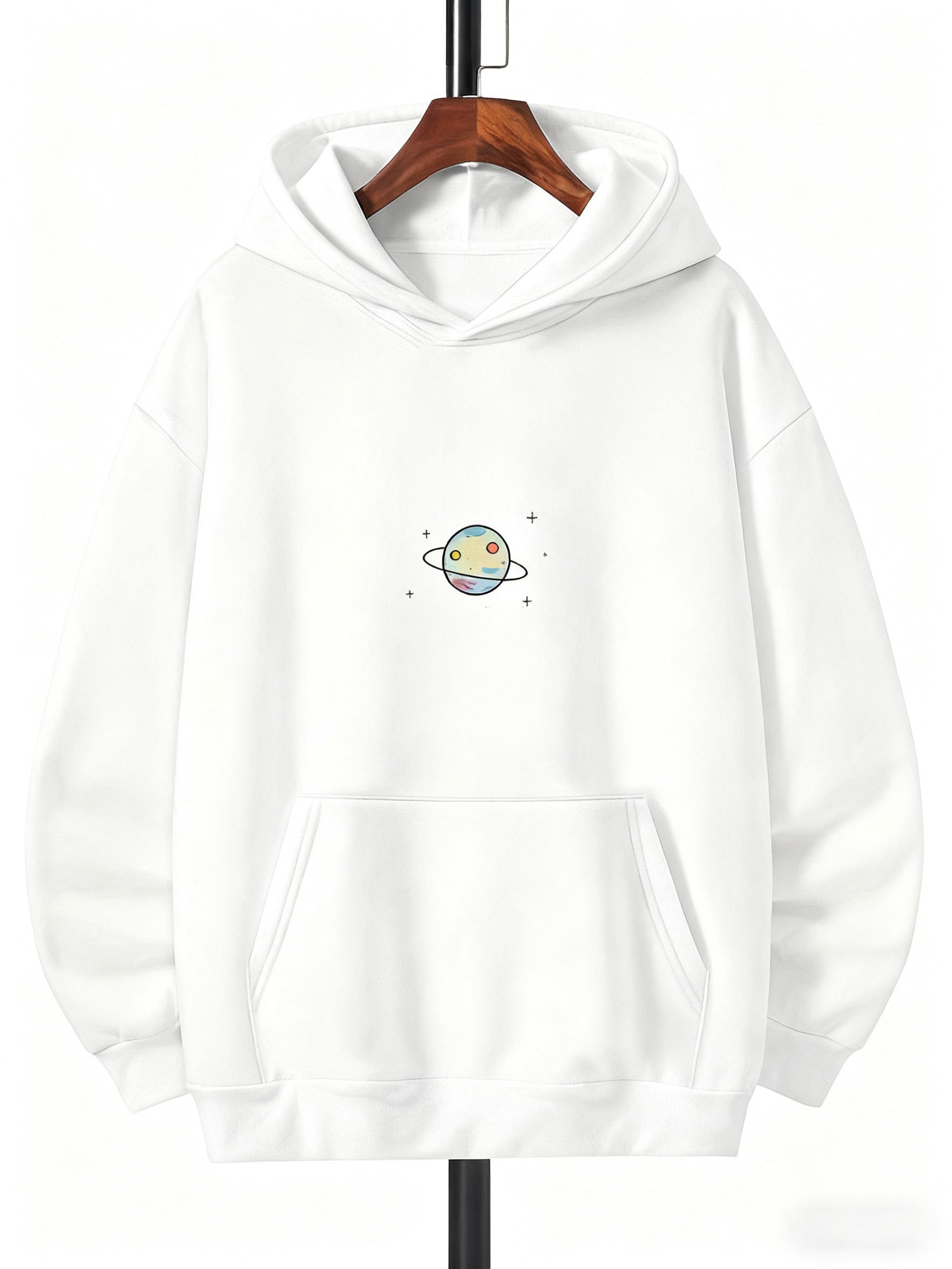 Tailorly Men's Printed Hoodie - Cute Cartoon Planet With Gentle Pastel Rings Around Planet