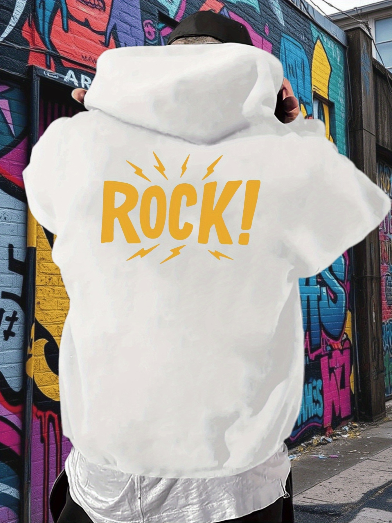 Tailorly Men's Printed Hoodie - Rock Energetic Urban Graffiti Style Vibrant Lightning White Hoodie