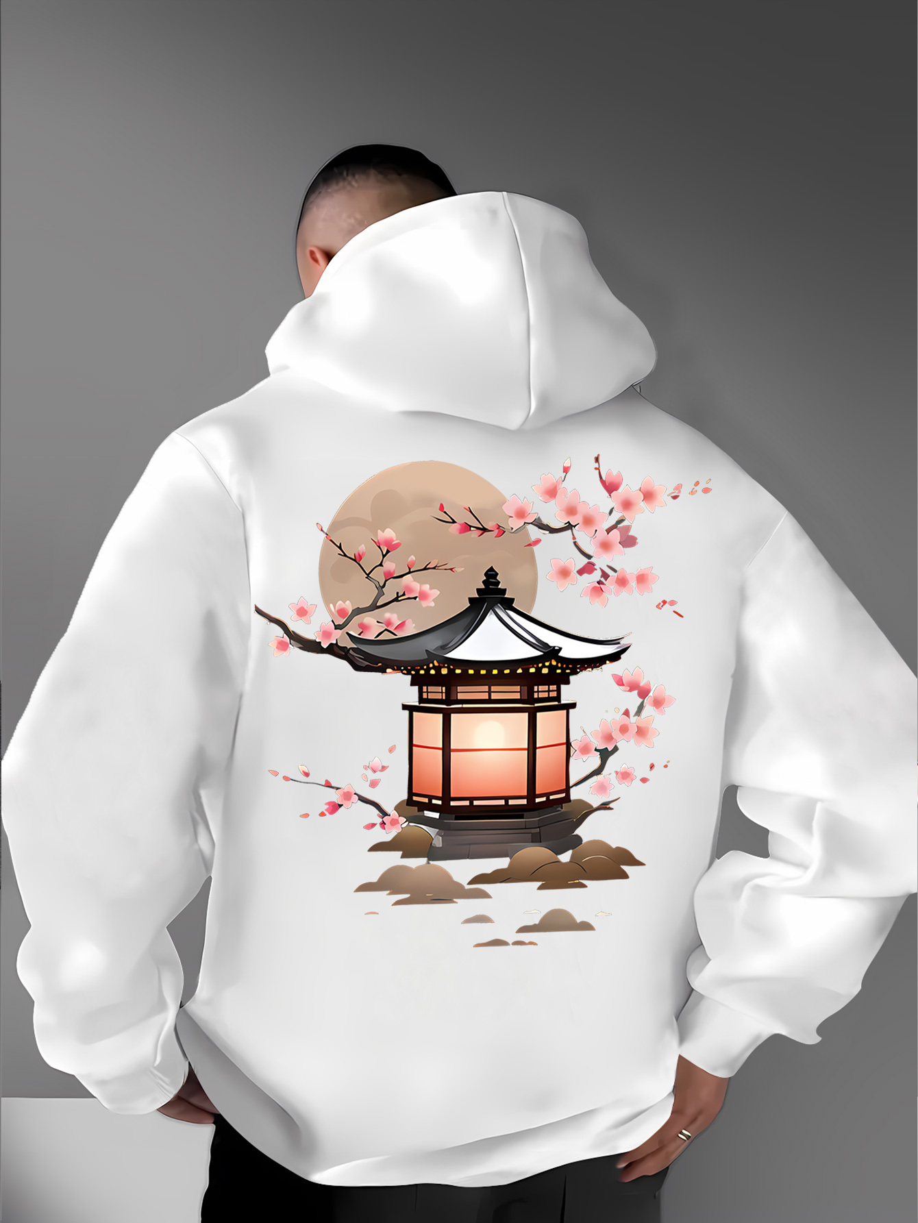 Tailorly Men's Printed Hoodie - Tranquil Cherry Blossoms With Glowing Lantern Under Full Moon Pagoda