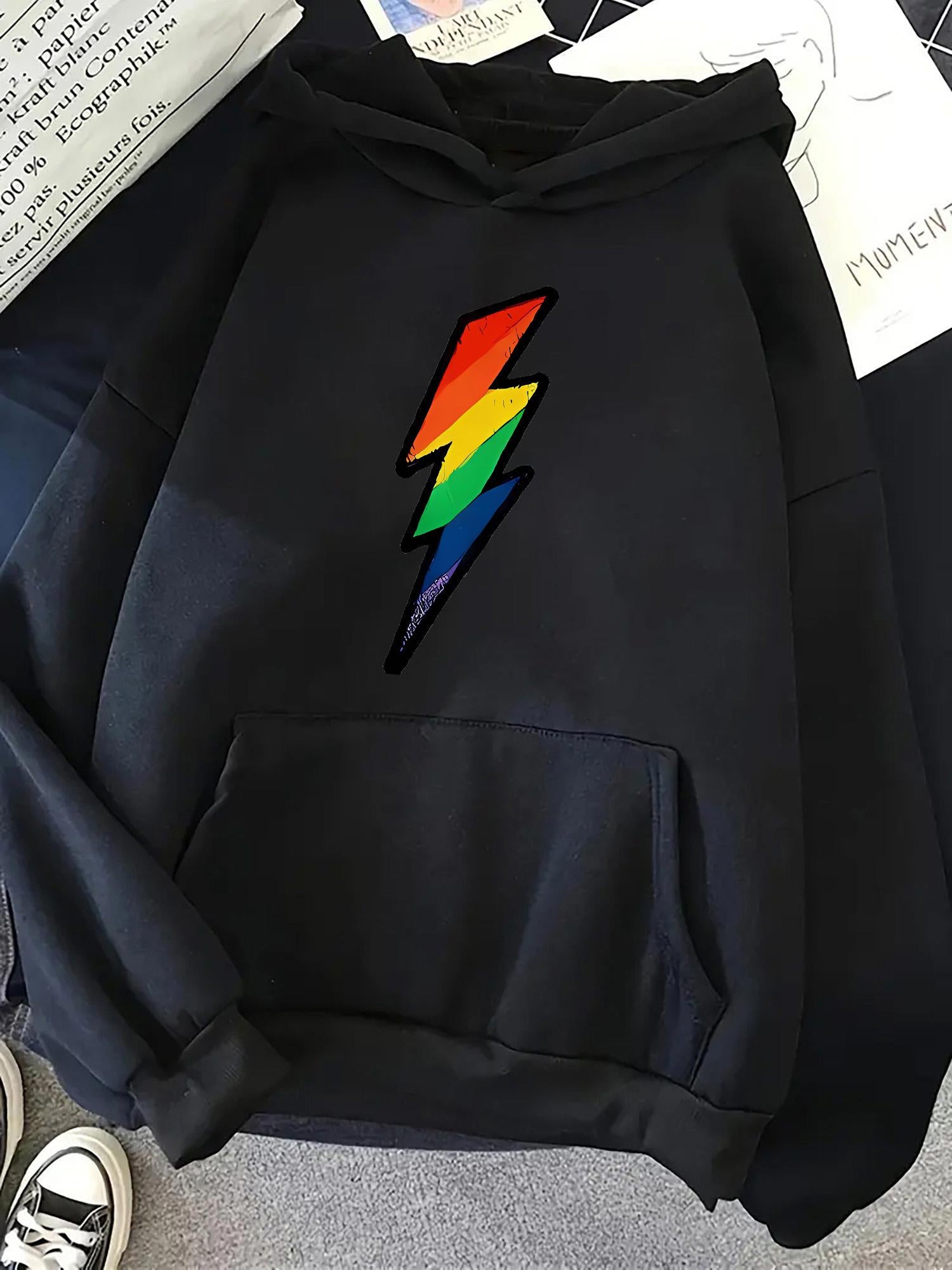 Tailorly Women's Printed Hoodie - Colorful Lightning Bolt With Rainbow Hues On Black Hoodie