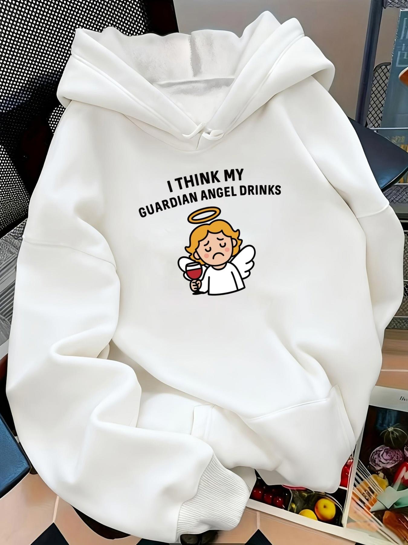 Tailorly Women's Printed Hoodie - I Think My Guardian Angel Drinks Cartoon Angel With Wine Glass