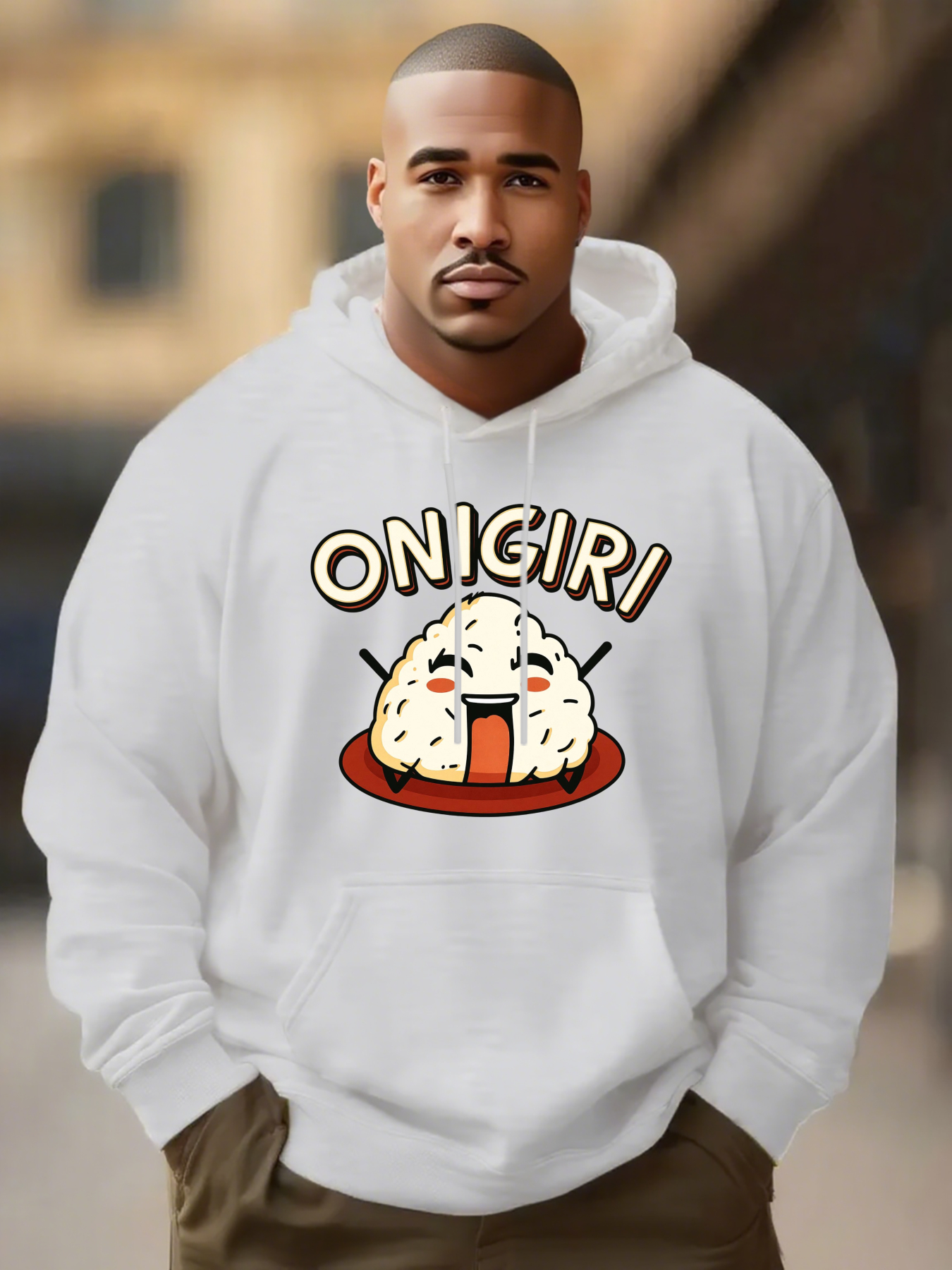 Tailorly Men's Printed Hoodie - Onigiri Adorable Cheeky Rice Ball With Smiling Face Plate