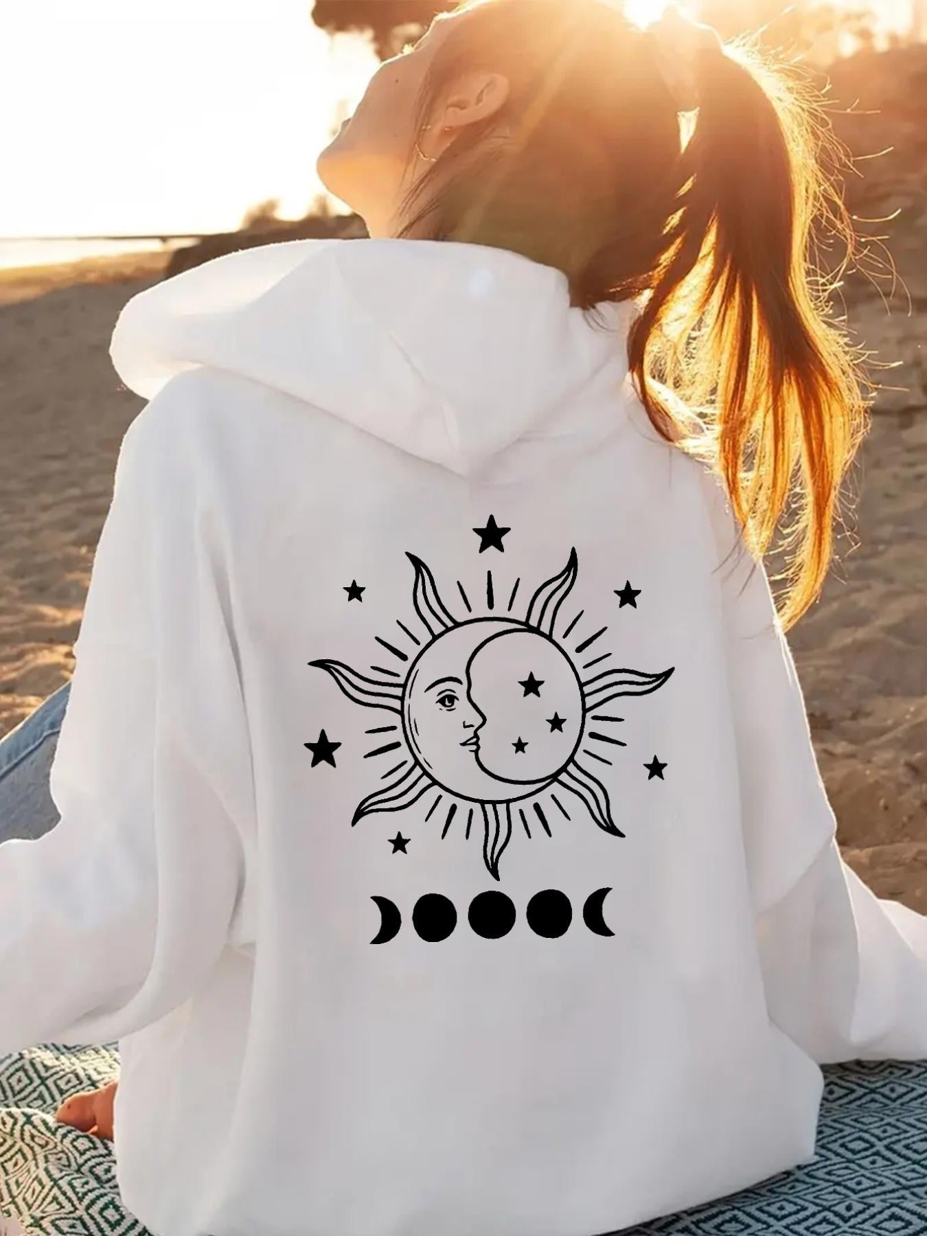 Tailorly Women's Printed Hoodie - Celestial Eclipse Surrounded By Stars Sun Rays And Phases Moon
