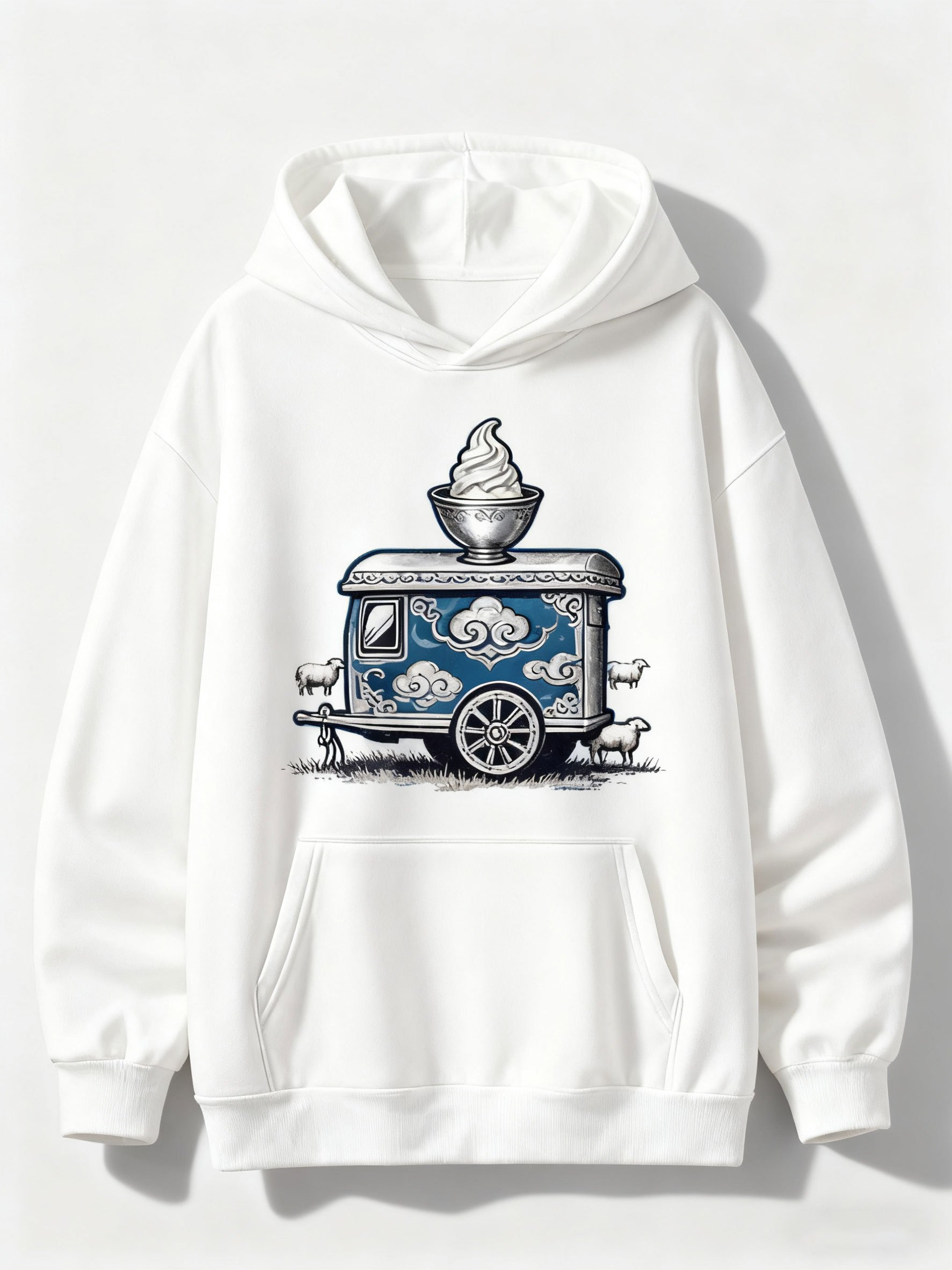 Tailorly Men's Printed Hoodie - Vintage Blue Food Truck With Swirling Clouds And Large Ice Cream Cone Truck