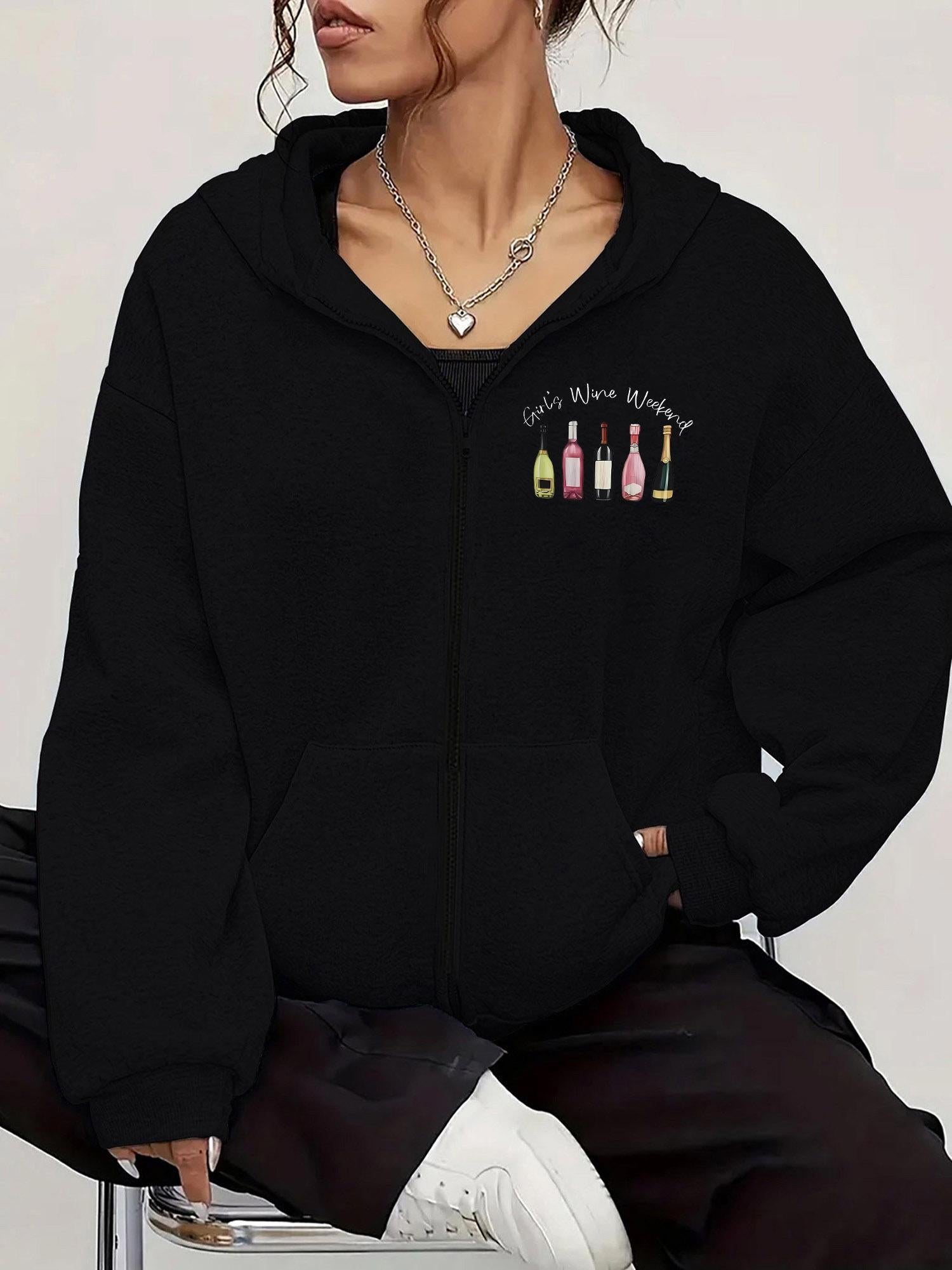 Tailorly Women's Printed Hoodie - Wine Bottles With Colorful Labels On Black Hoodie