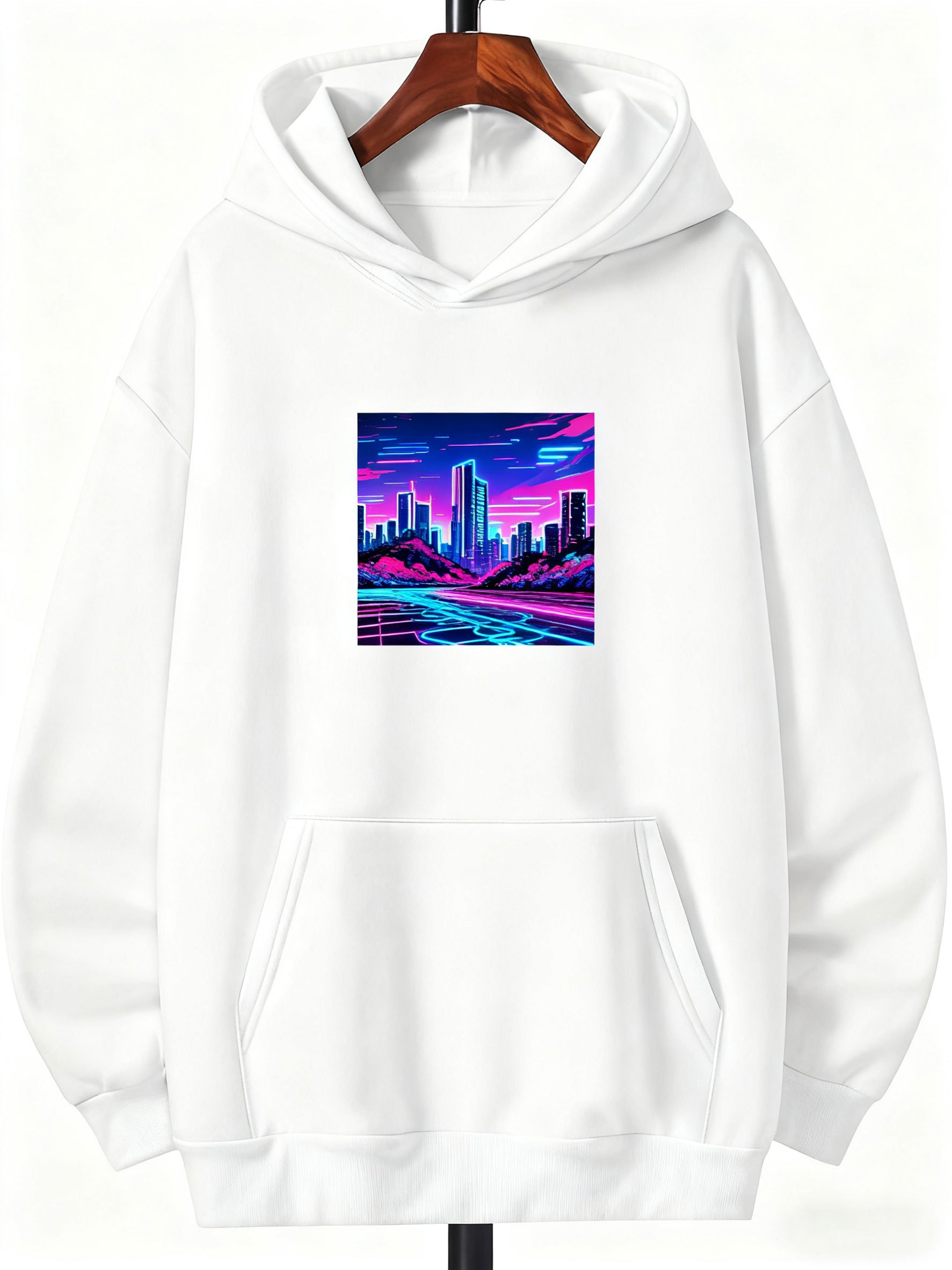 Tailorly Men's Printed Hoodie - Vivid Neon Lights Reflecting On Nighttime City Skyline