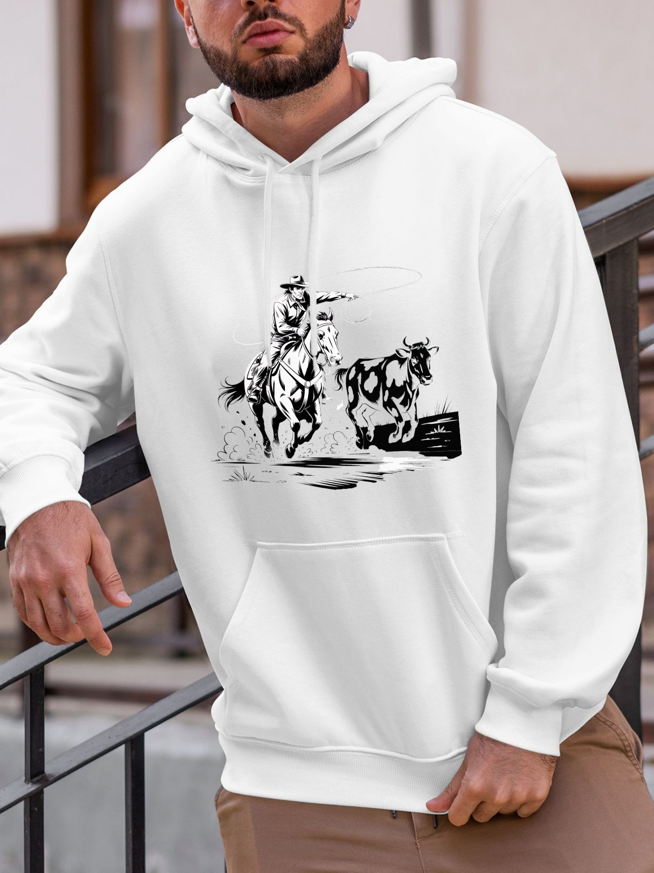 Tailorly Men's Printed Hoodie - Galloping Horses And Rider In Open Countryside Landscape Hoodie