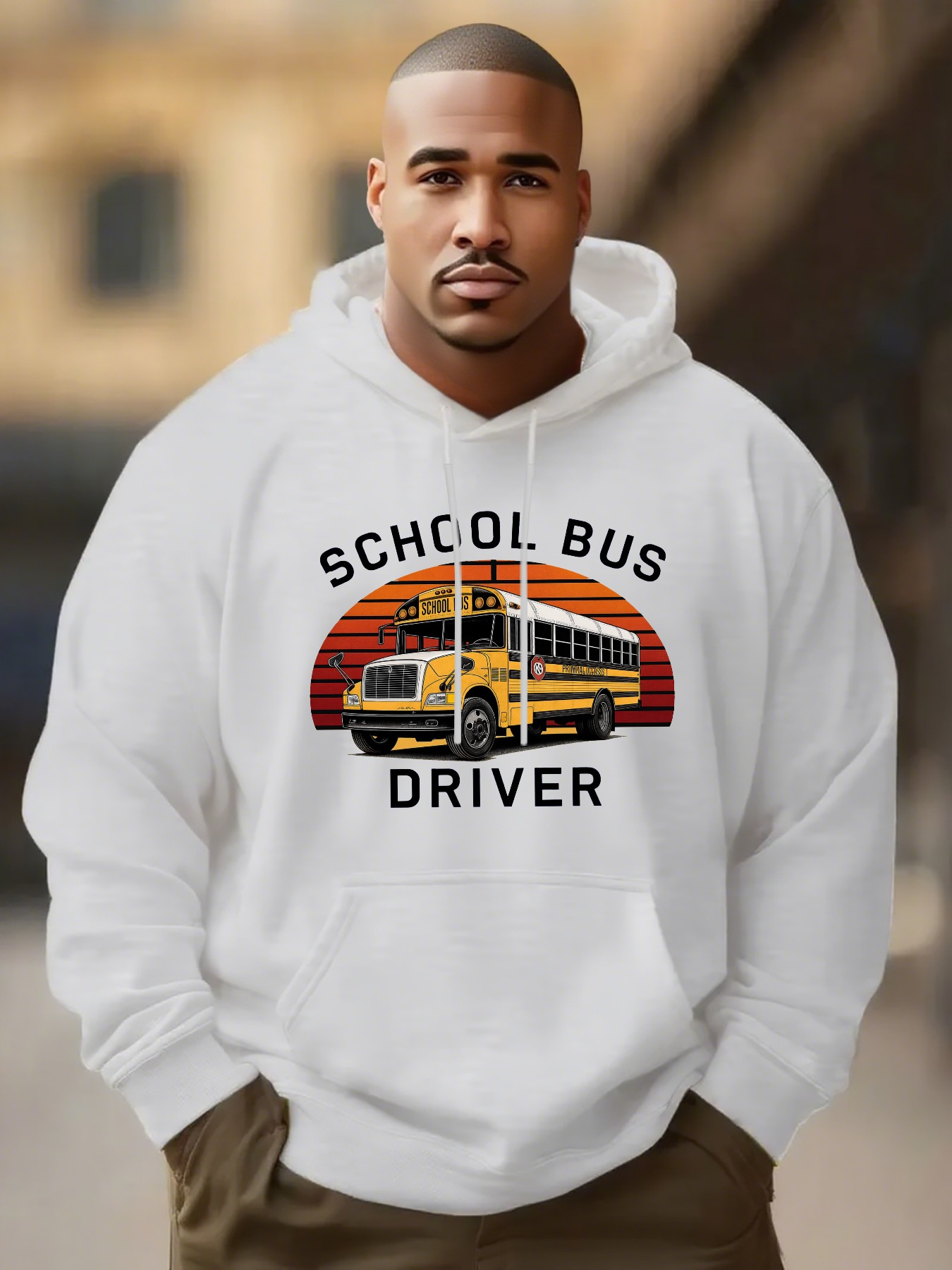 Tailorly Men's Printed Hoodie - Retro Sunset Pattern With Yellow School Bus On The Street