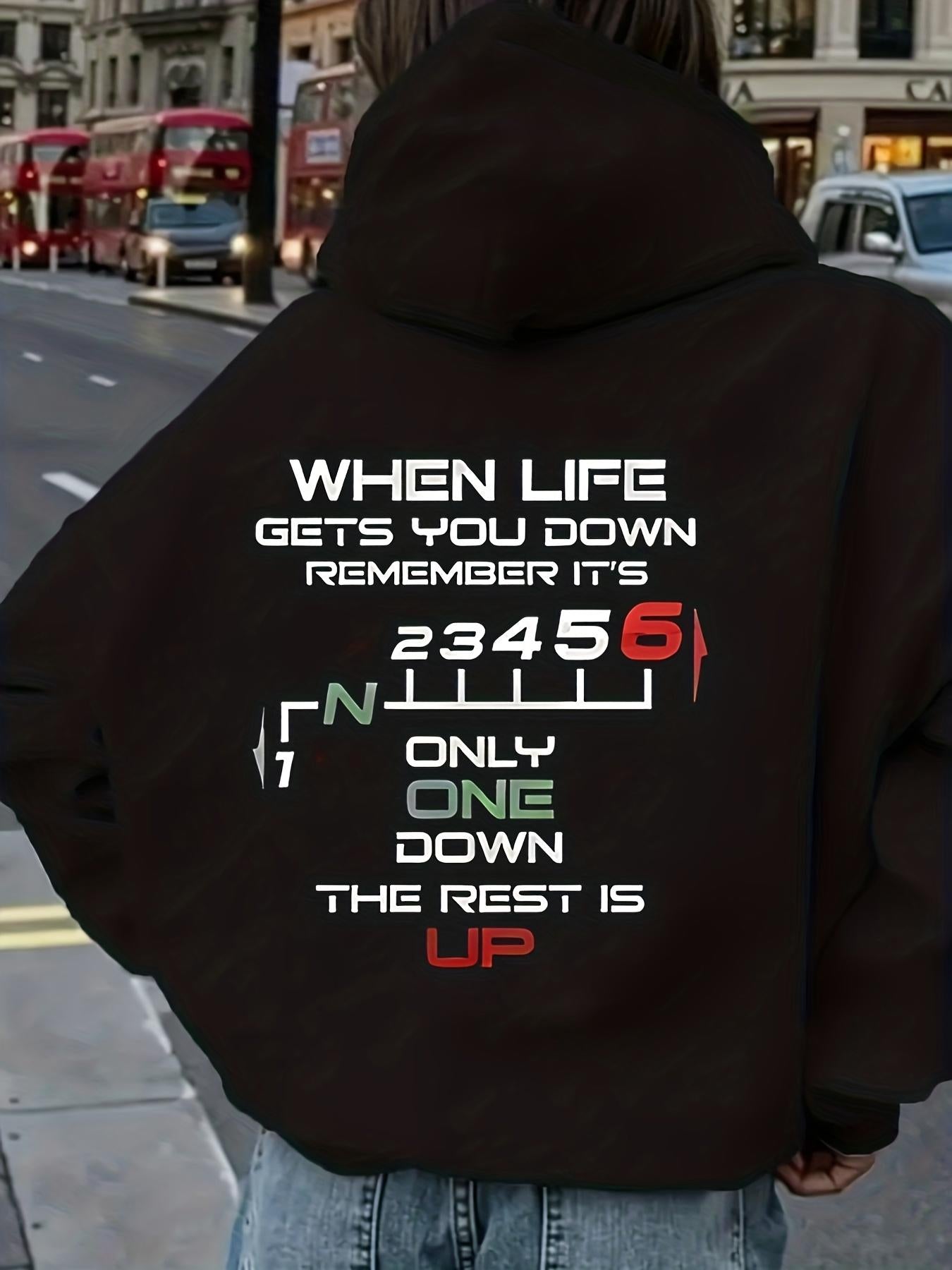 Tailorly Women's Printed Hoodie - When Life Gets You Down Gear Shift Numbers Motivational Road Up Quote