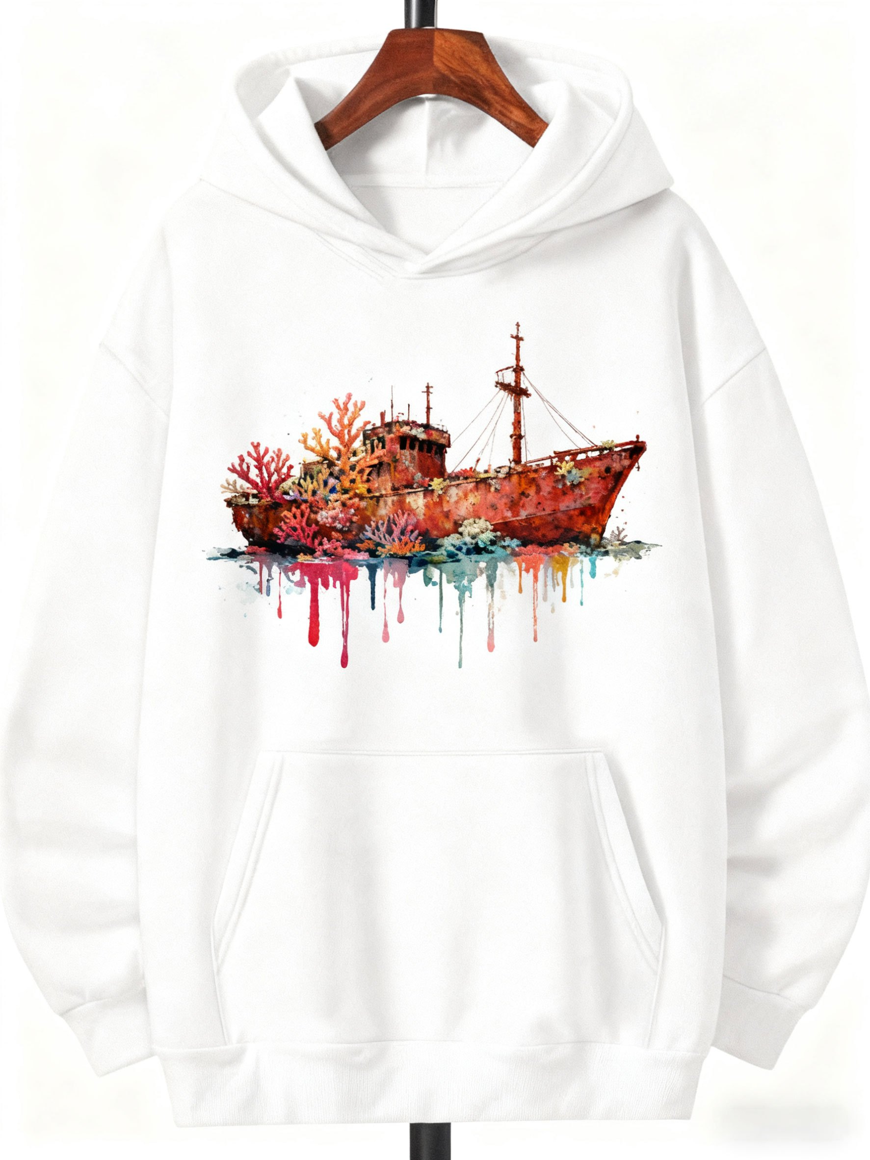 Tailorly Men's Printed Hoodie - Colorful Coral And Paint Dripping Underwater Shipwreck