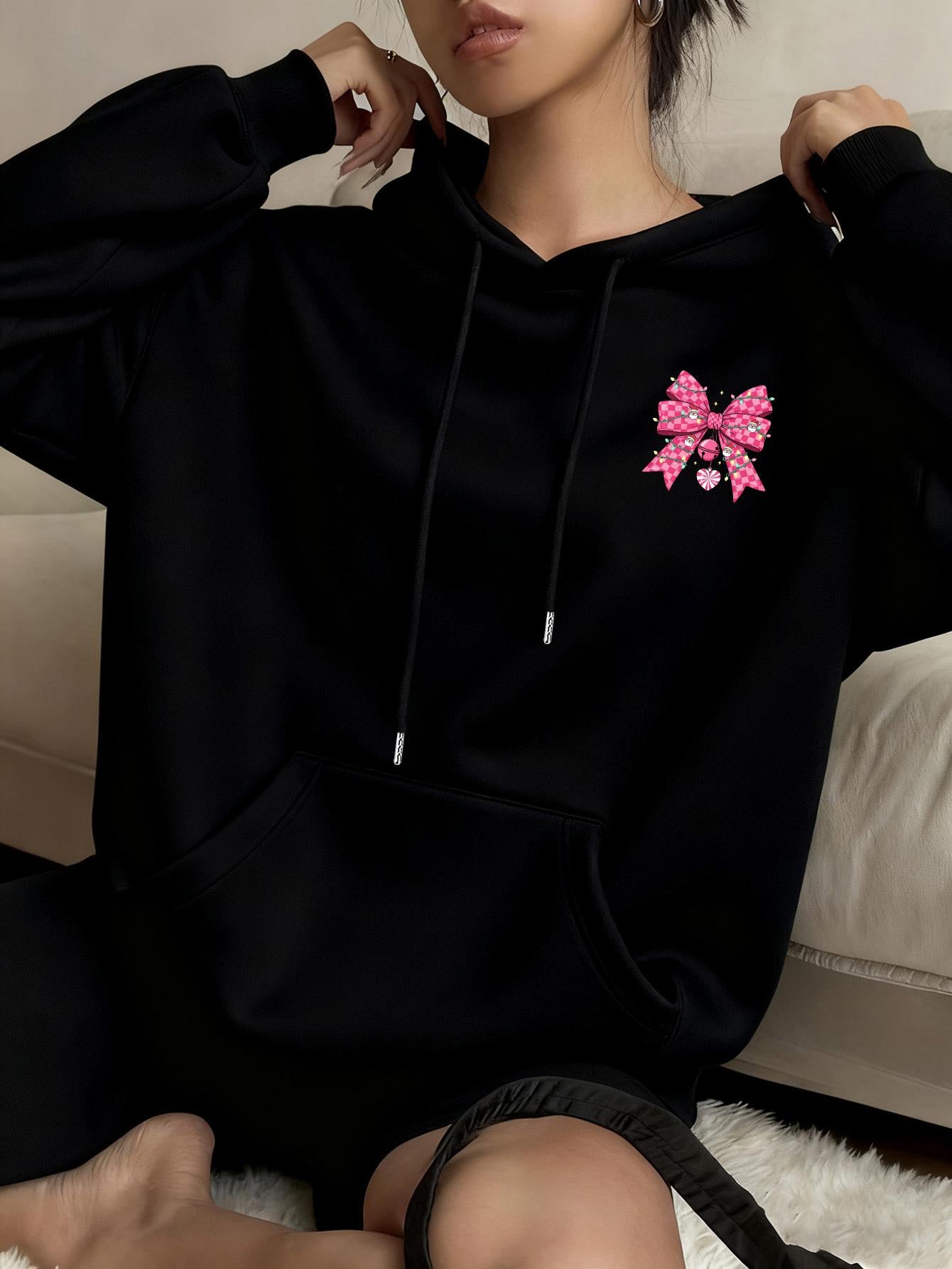 Tailorly Women's Printed Hoodie - Playful Pink Ribbon With Glimmering Accents On Cozy Hoodie