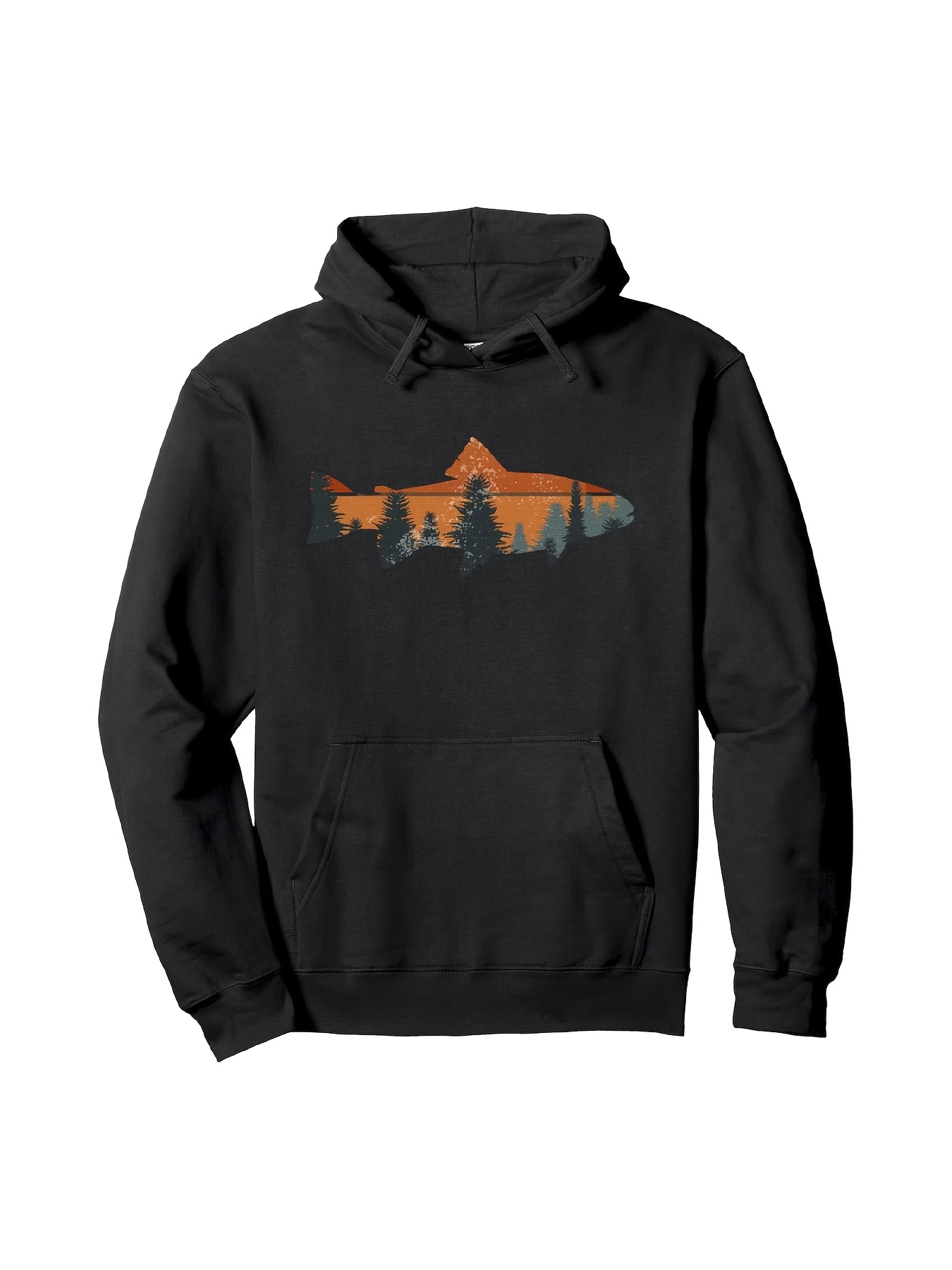 Tailorly Men's Printed Hoodie - Forest Sunset Landscape Silhouette With Mountains River And Pine Trees Fish