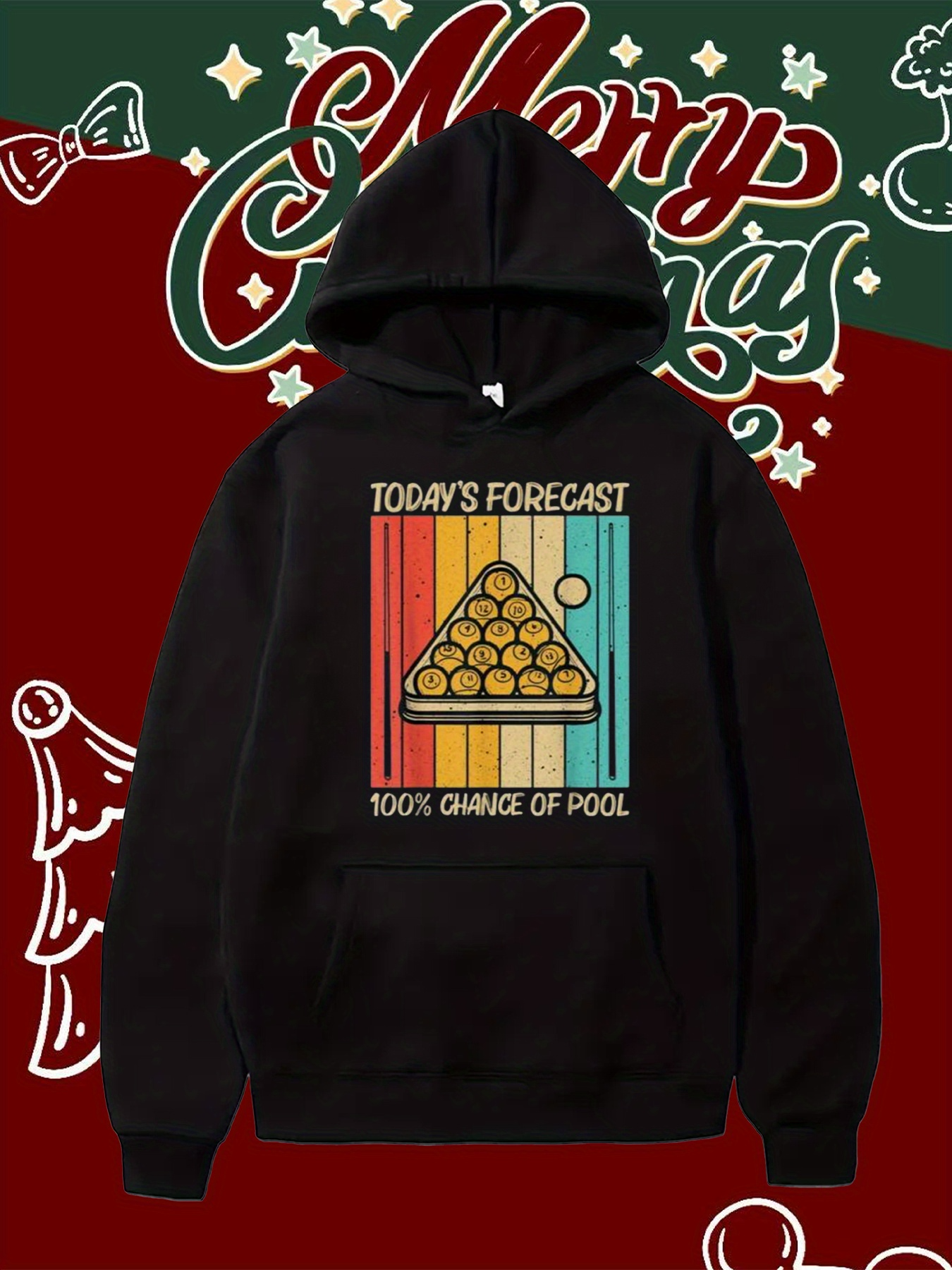 Tailorly Men's Printed Hoodie - Todays Forecast Retro Rainbow With Triangular Rack Of Billiard Balls Pool Table