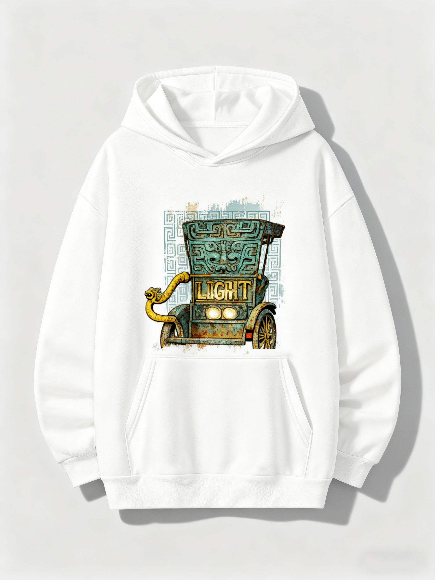 Tailorly Men's Printed Hoodie - Vintage Brass Accented Classic Car With Ornate Detailing Radiant Headlights Majestic Sky Car