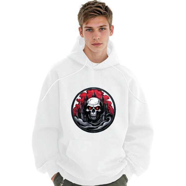 Tailorly Men's Printed Hoodie - Dark Mist Rising Under Blood Red Moon Skull