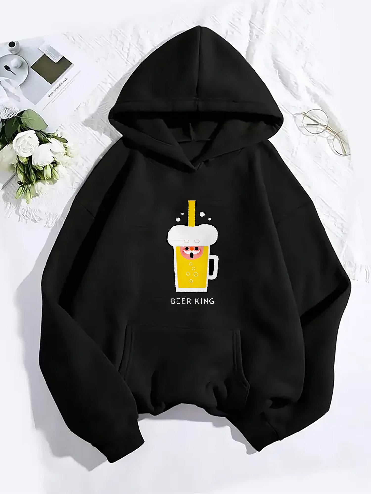 Tailorly Women's Printed Hoodie - Beer King Cartoon Drink With Funny Bubbles And Happy Mug