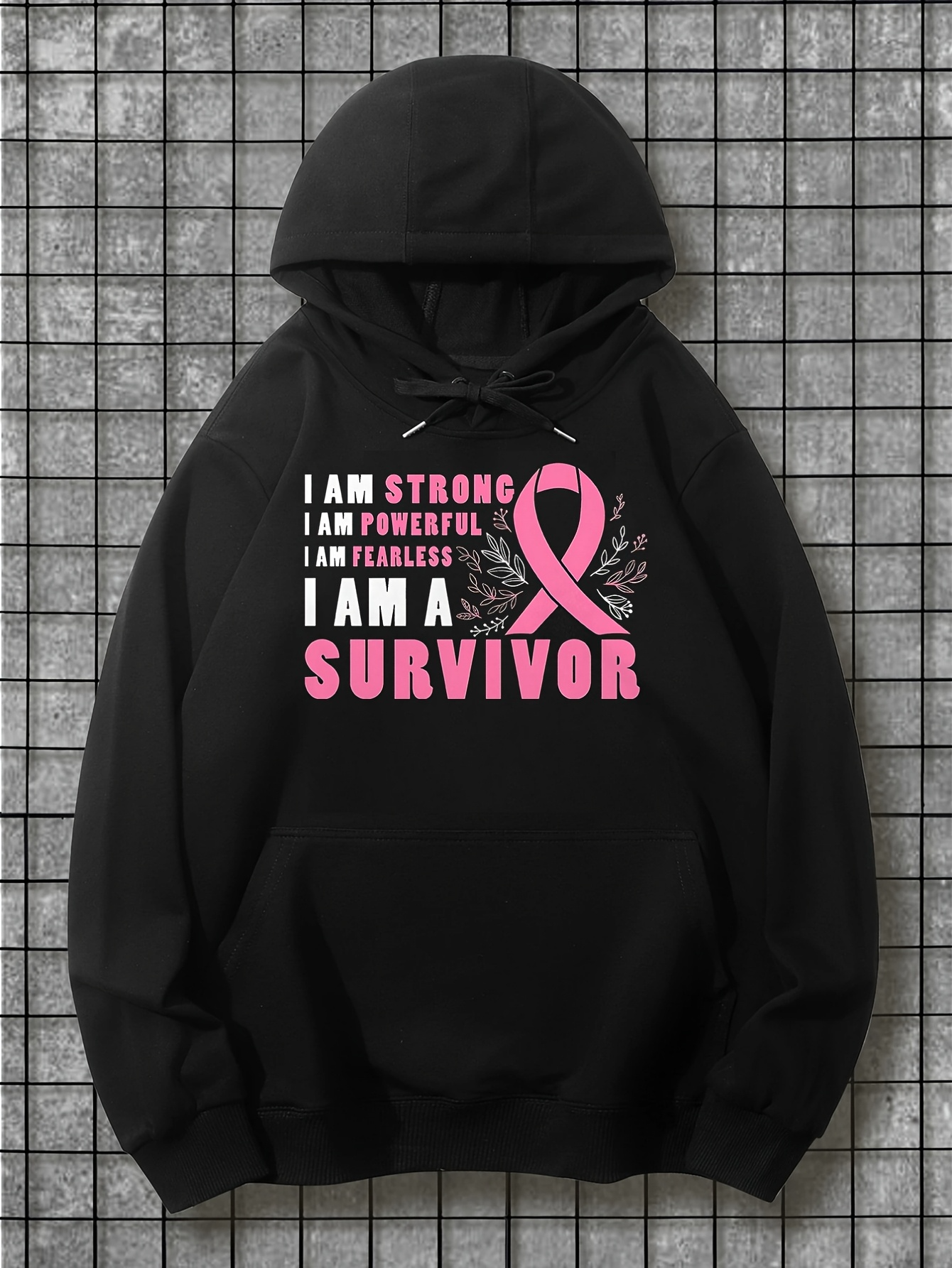 Tailorly Men's Printed Hoodie - I Am Fearless Powerful Strong Survivor With Pink Awareness Ribbon