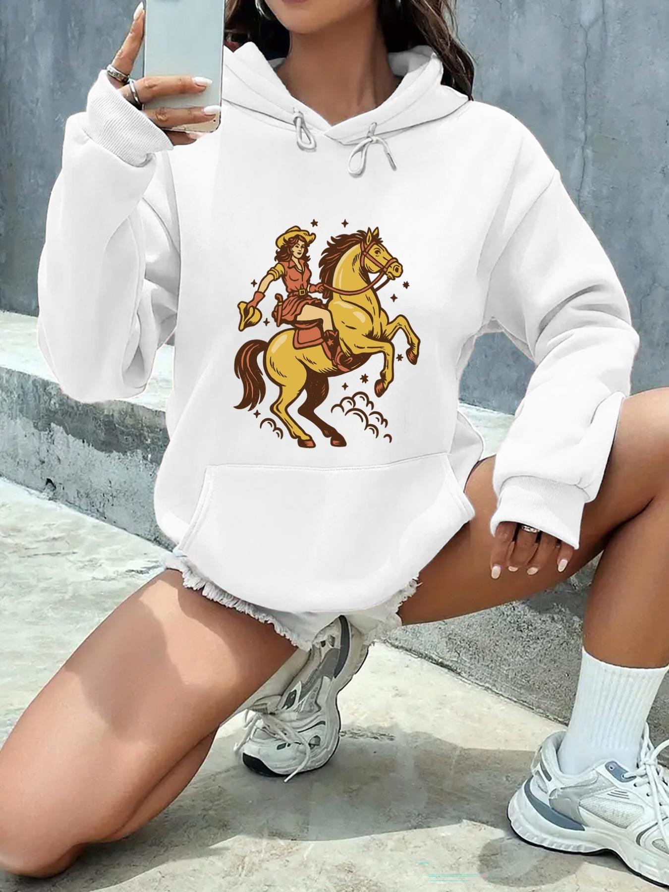Tailorly Women's Printed Hoodie - Cowgirl Riding A Powerful Golden Brown Horse