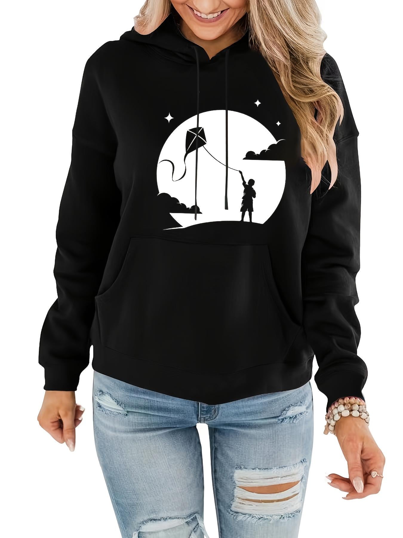 Tailorly Women's Printed Hoodie - Starry Night Silhouette With Large Full Moon Flying Kite