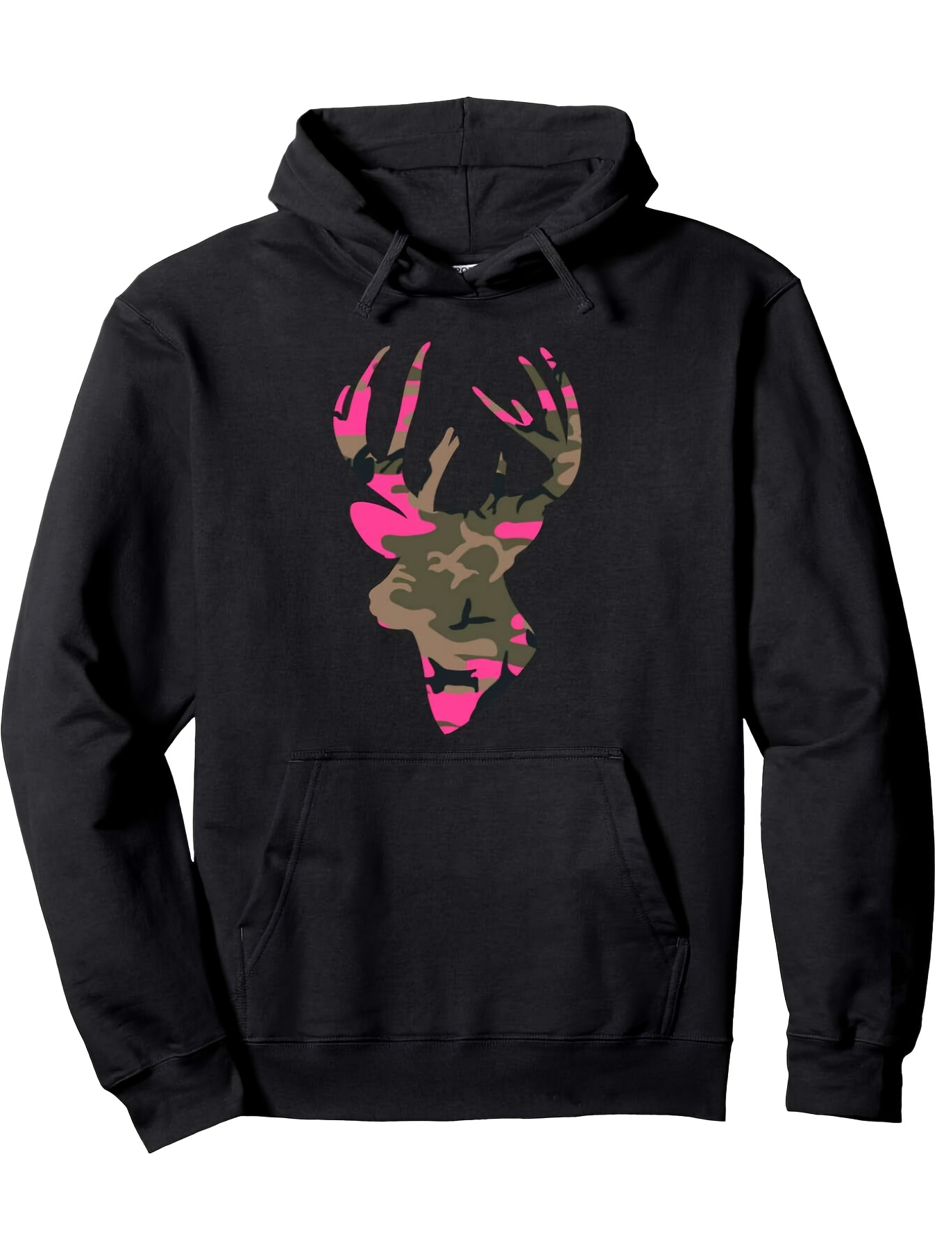 Tailorly Men's Printed Hoodie - Pink Accents Camouflage Texture Silhouette Overlaid Upright Antlers Deer