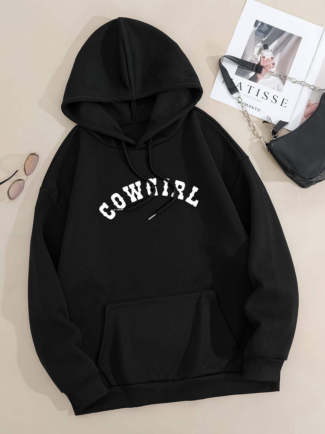 Tailorly Women's Printed Hoodie - Cowgirl Bold White Letters On Plain Urban Style Hoodie