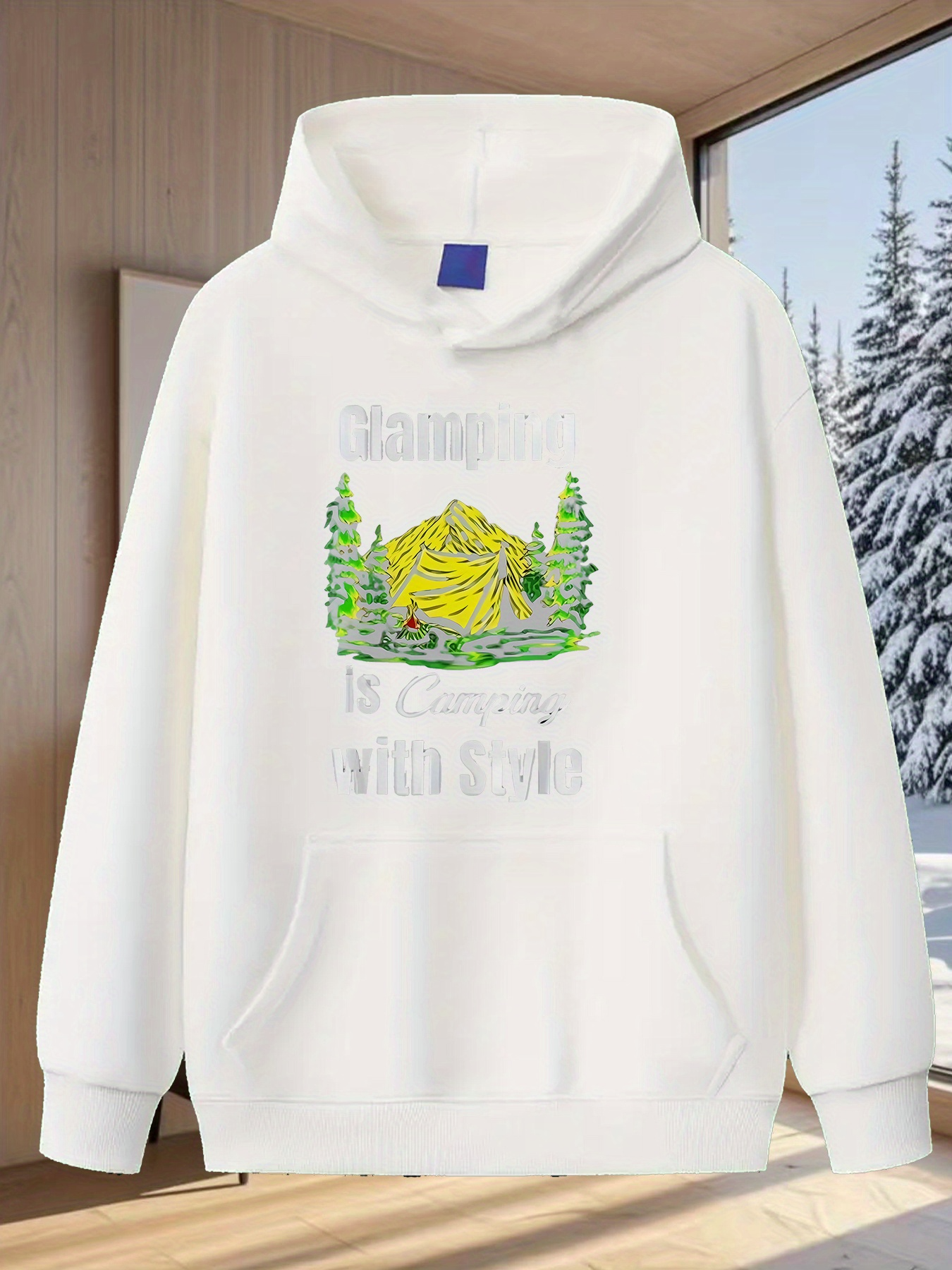 Tailorly Men's Printed Hoodie - Camping Under Tall Green Pine Trees Beside Sparkling Lake Cabin