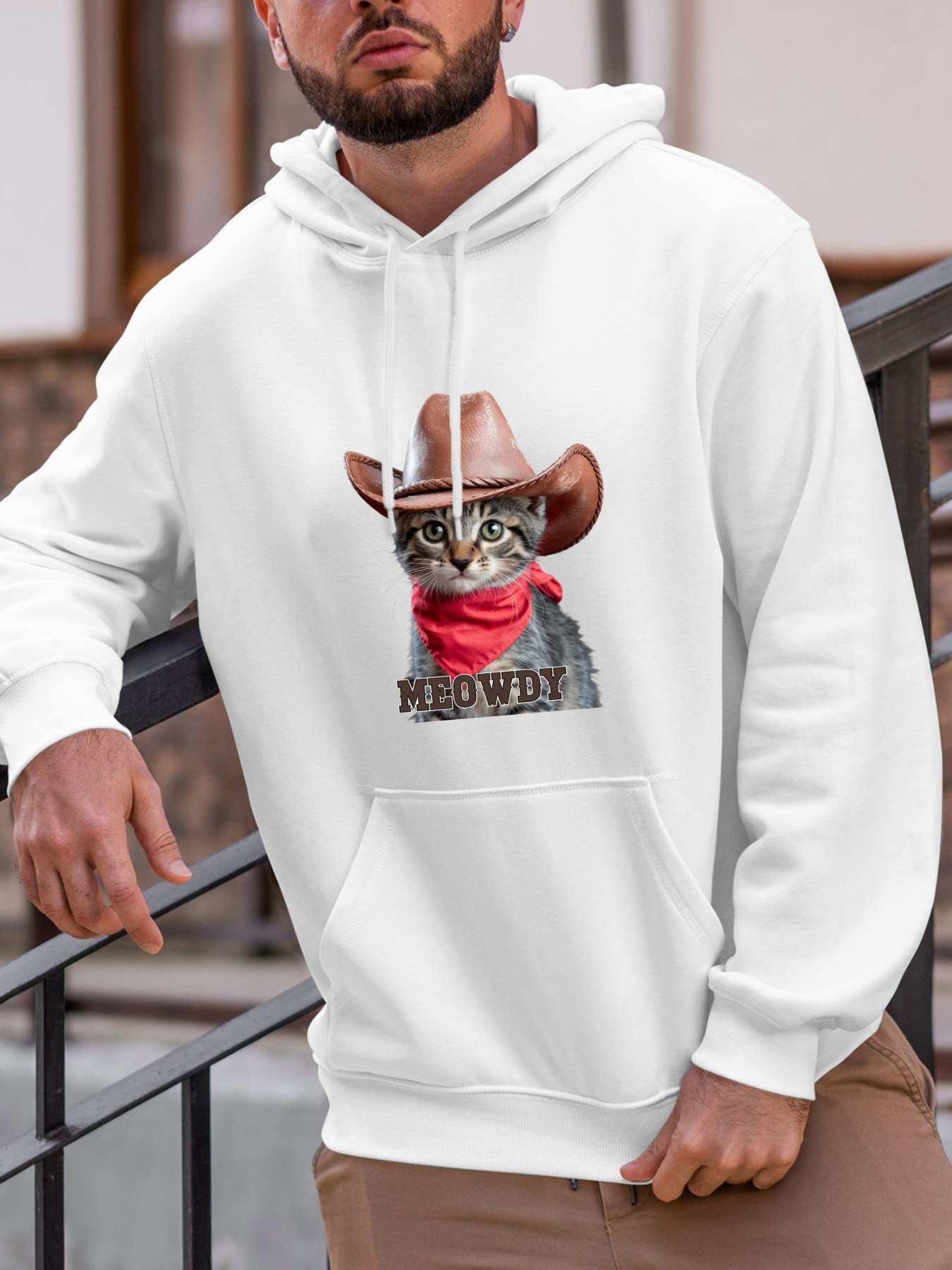 Tailorly Men's Printed Hoodie - Wild West Theme With Cowboy Hat Bandana And Cute Grey Cat