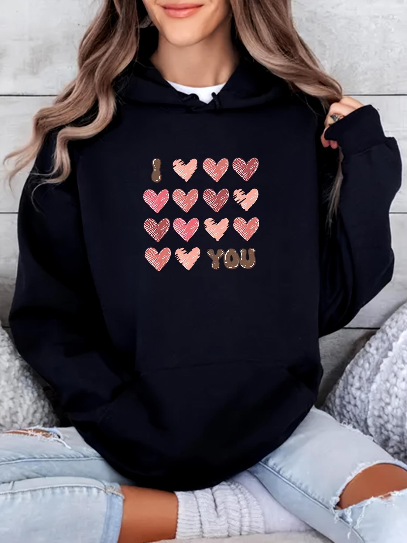 Tailorly Women's Printed Hoodie - I Love You Pink Hearts On Black Hoodie With Glitter Accents