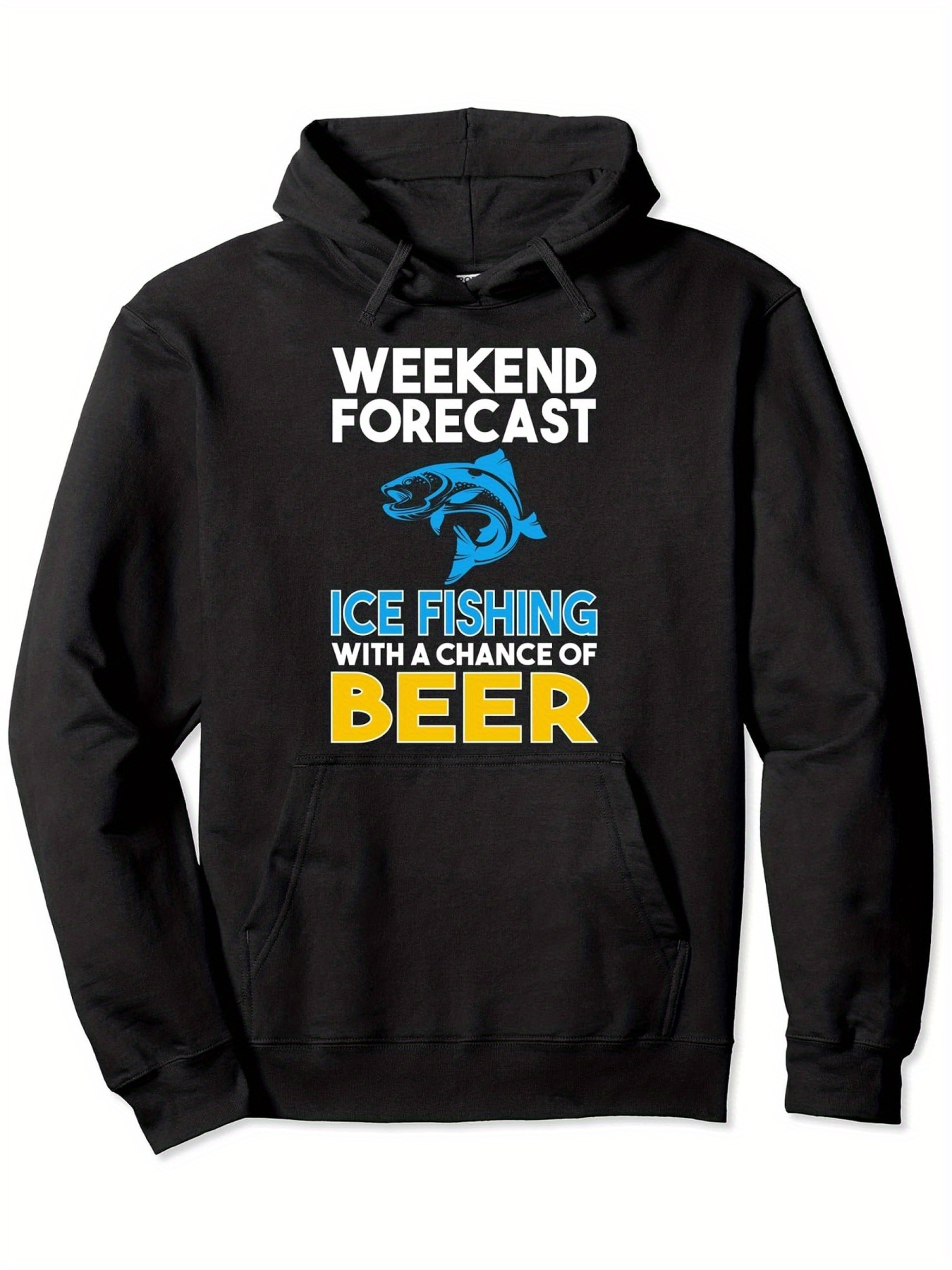 Tailorly Men's Printed Hoodie - Weekend Forecast Ice Fishing With A Chance Of Beer Playful Blue Fish Graphic Hoodie