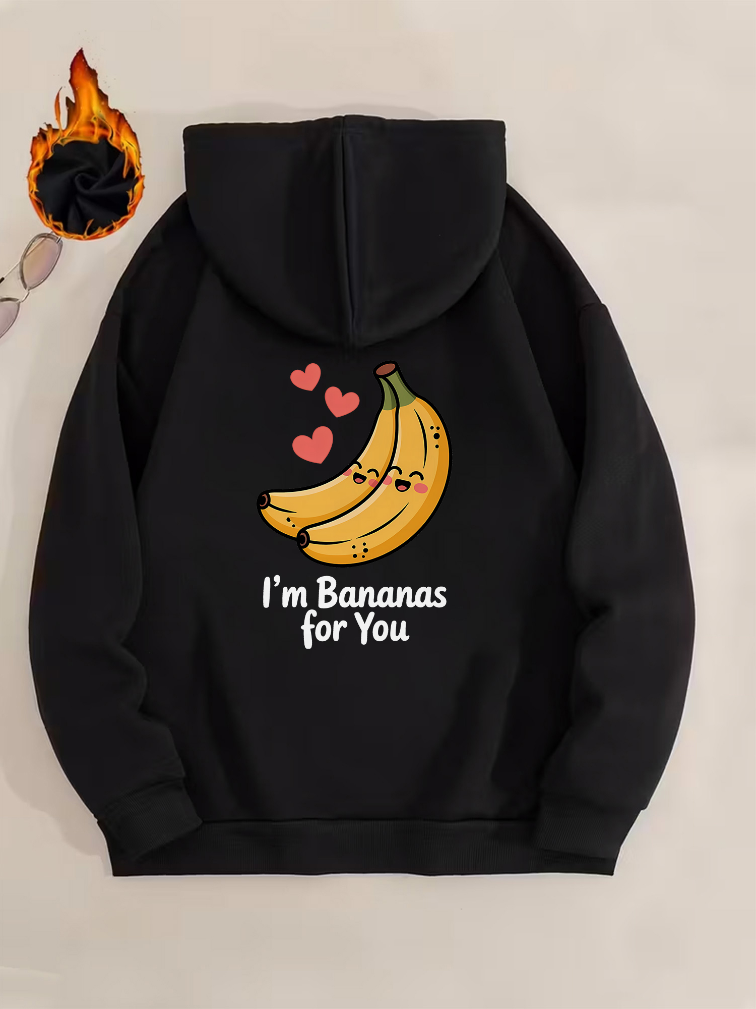 Tailorly Women's Printed Hoodie - Im Bananas For You Playful Pair Amid Falling Hearts Banana