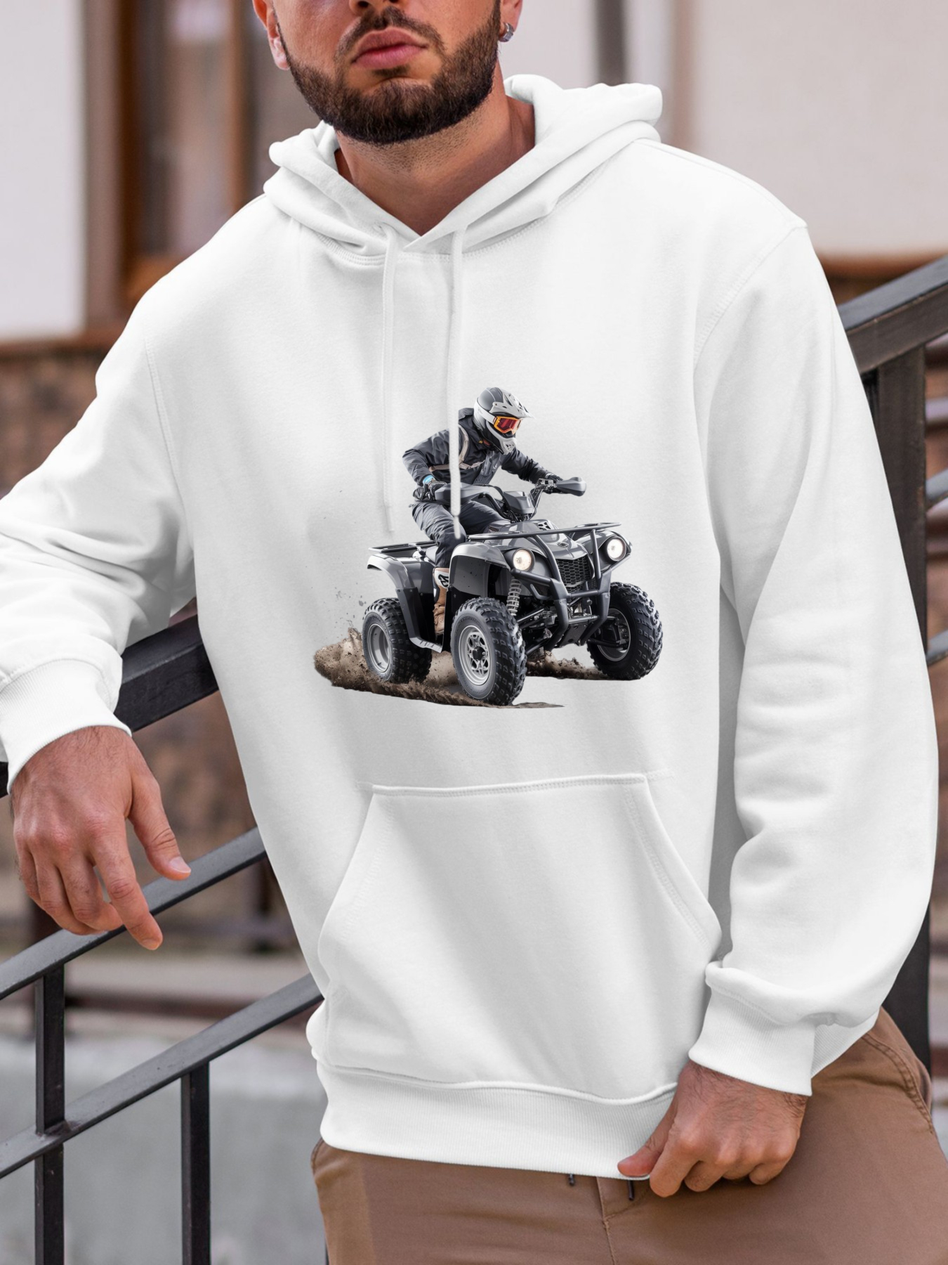 Tailorly Men's Printed Hoodie - Adventurous Rider With Dust Flying On Rugged Terrain Quad Bike