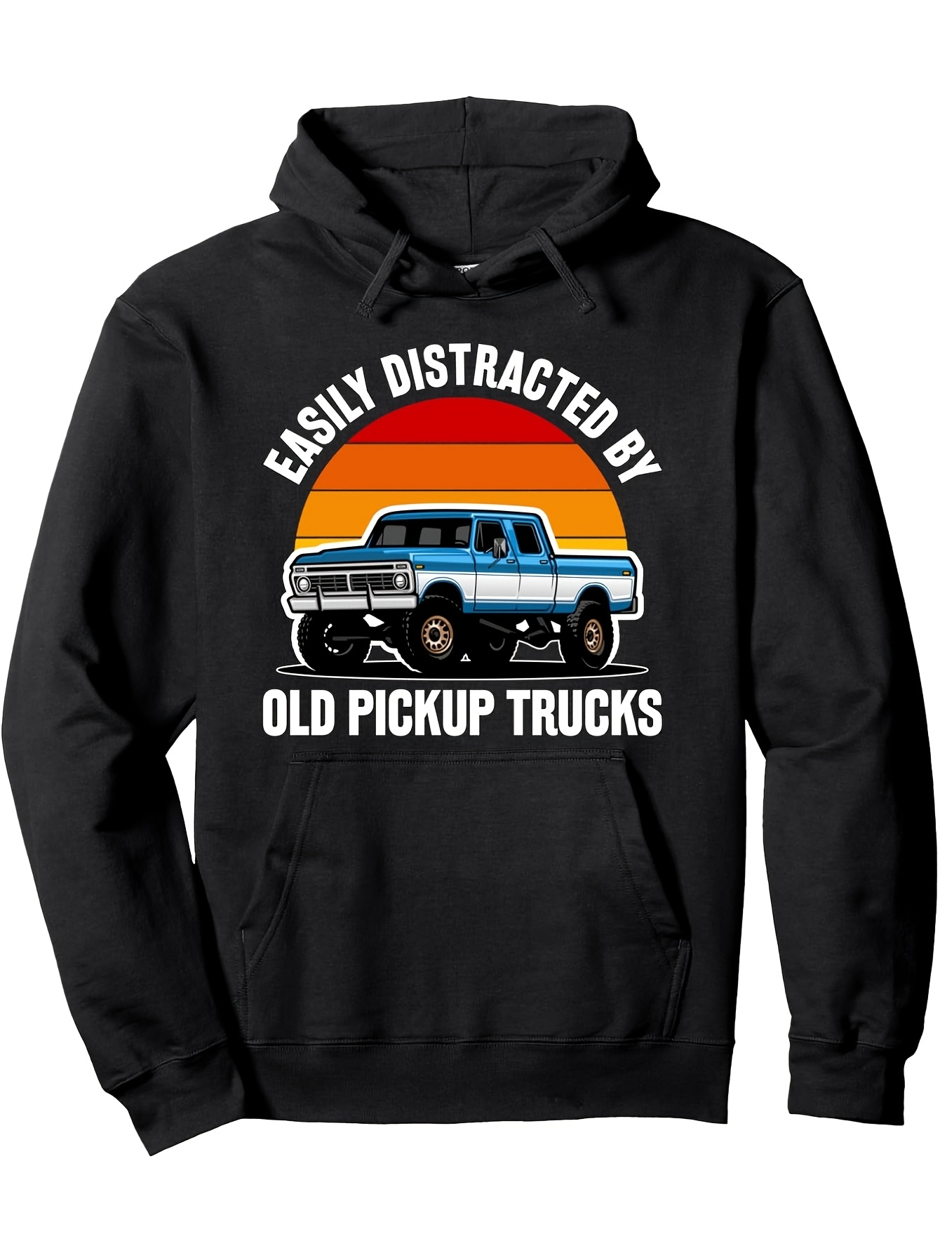 Tailorly Men's Printed Hoodie - Easily Distracted By Sunshine Over Retro Stripes Old Pickup Truck