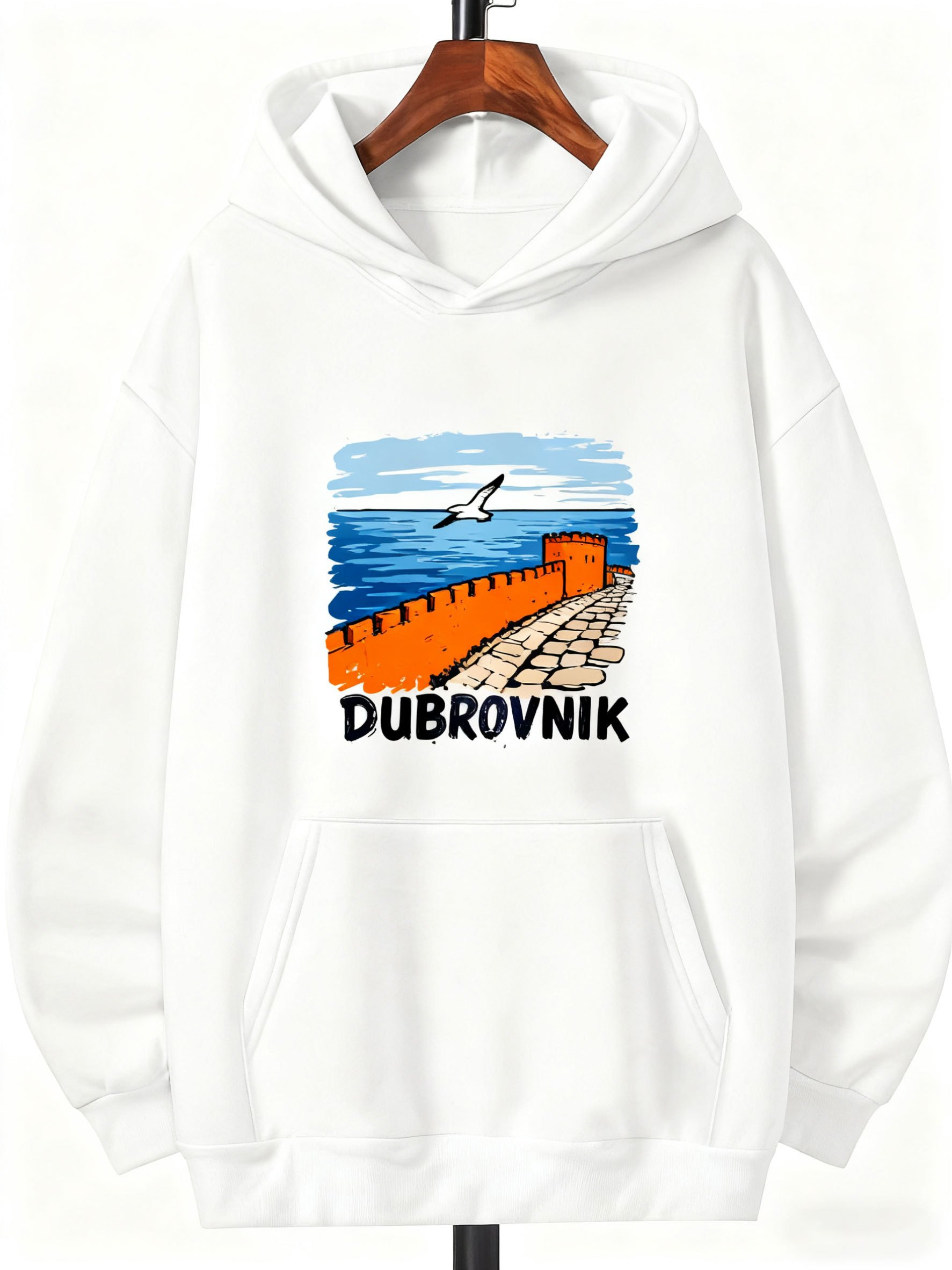 Tailorly Men's Printed Hoodie - Dubrovnik Seaside With Seagull Over Orange Wall And Blue Sky