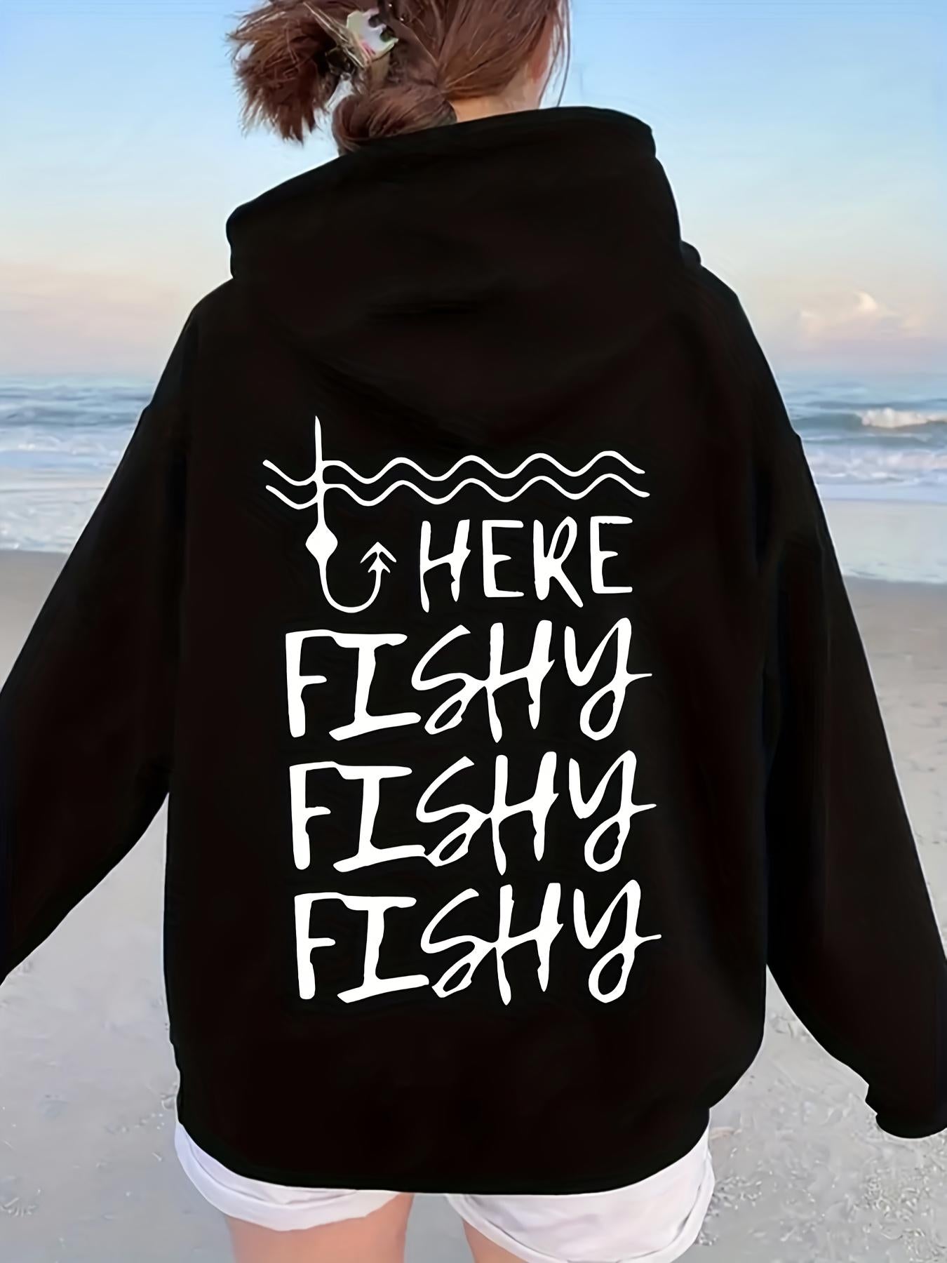 Tailorly Women's Printed Hoodie - Here Fishy Fishy Fishy With Wavy Lines And Fishing Hook Hoodie